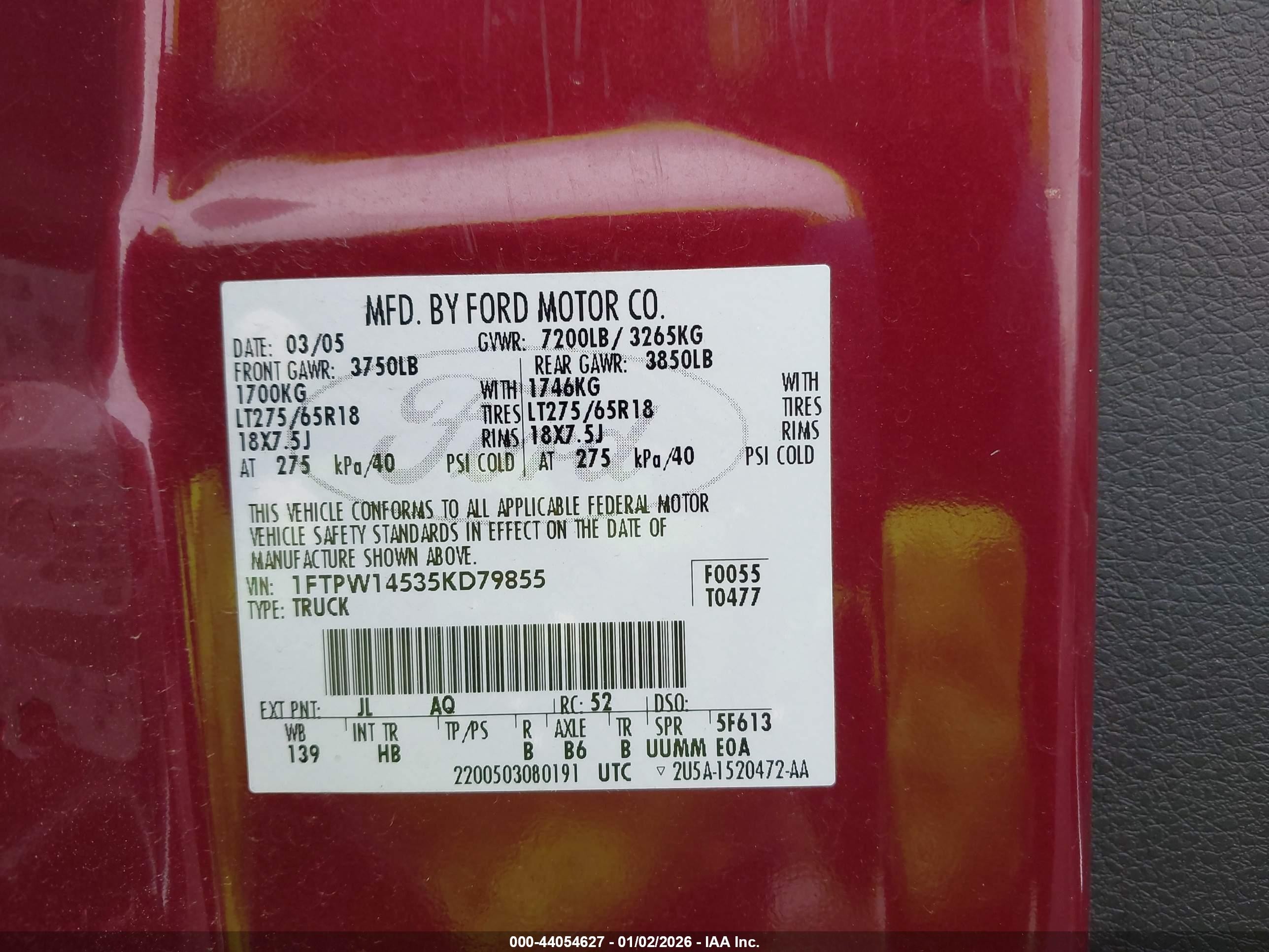 2005 Ford F-150 Fx4/lariat/xlt Burgundy vin: 1FTPW14535KD79855
