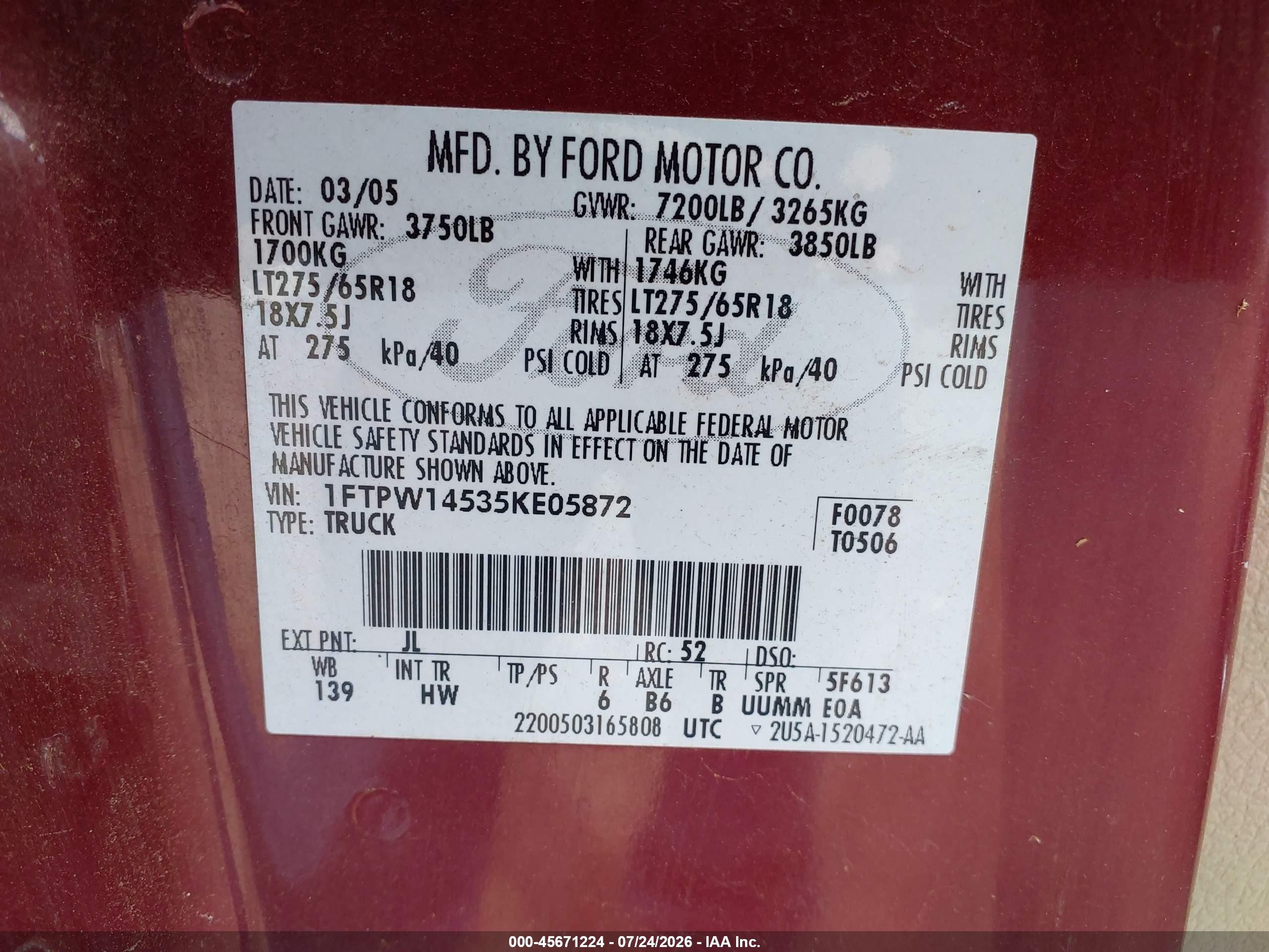 2005 Ford F-150 Fx4/lariat/xlt Burgundy vin: 1FTPW14535KE05872