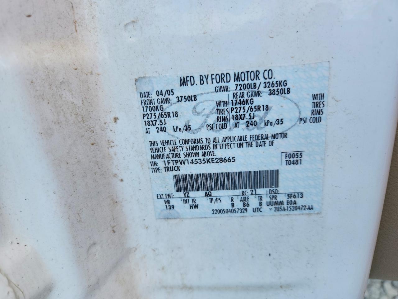 2005 Ford F150 Supercrew White vin: 1FTPW14535KE28665