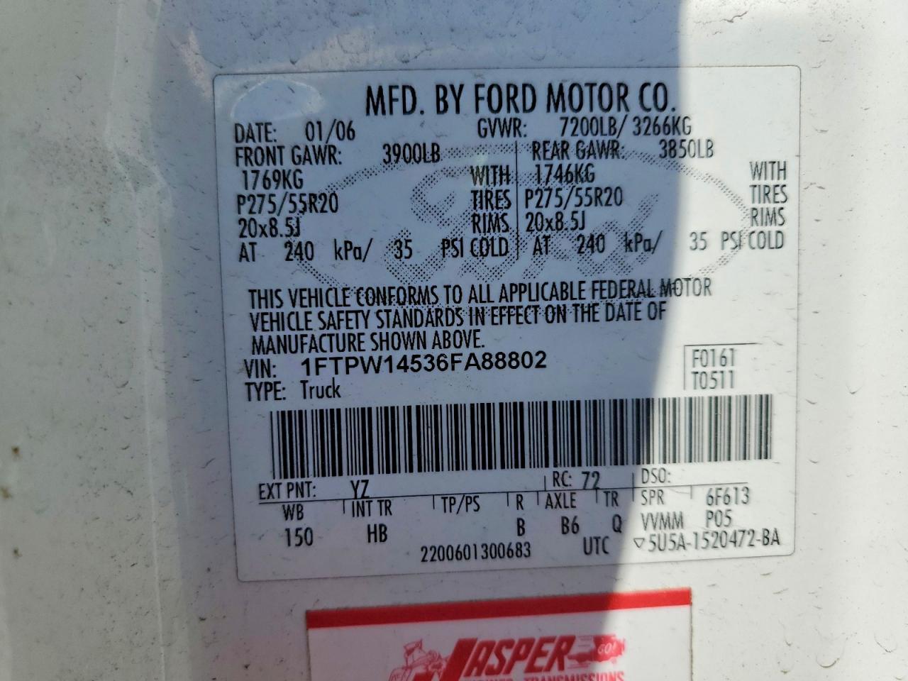 2006 Ford F150 Supercrew White vin: 1FTPW14536FA88802