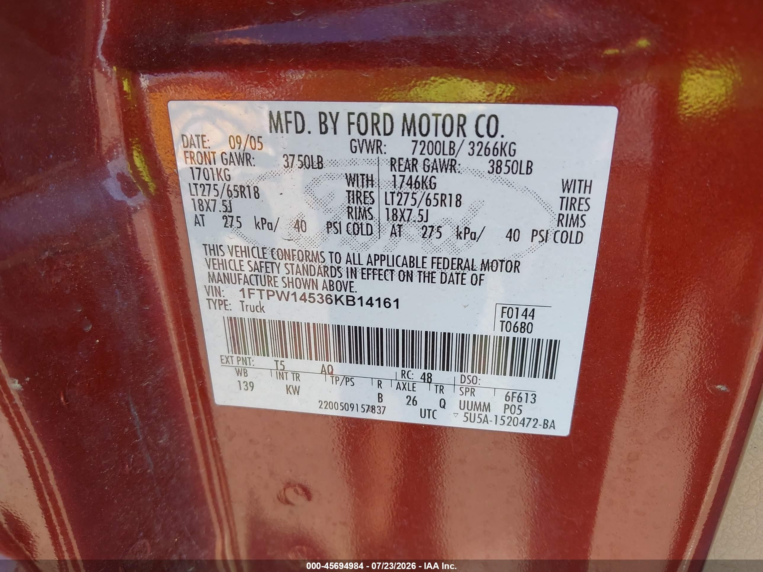 2006 Ford F-150 Fx4/lariat/xlt Orange vin: 1FTPW14536KB14161