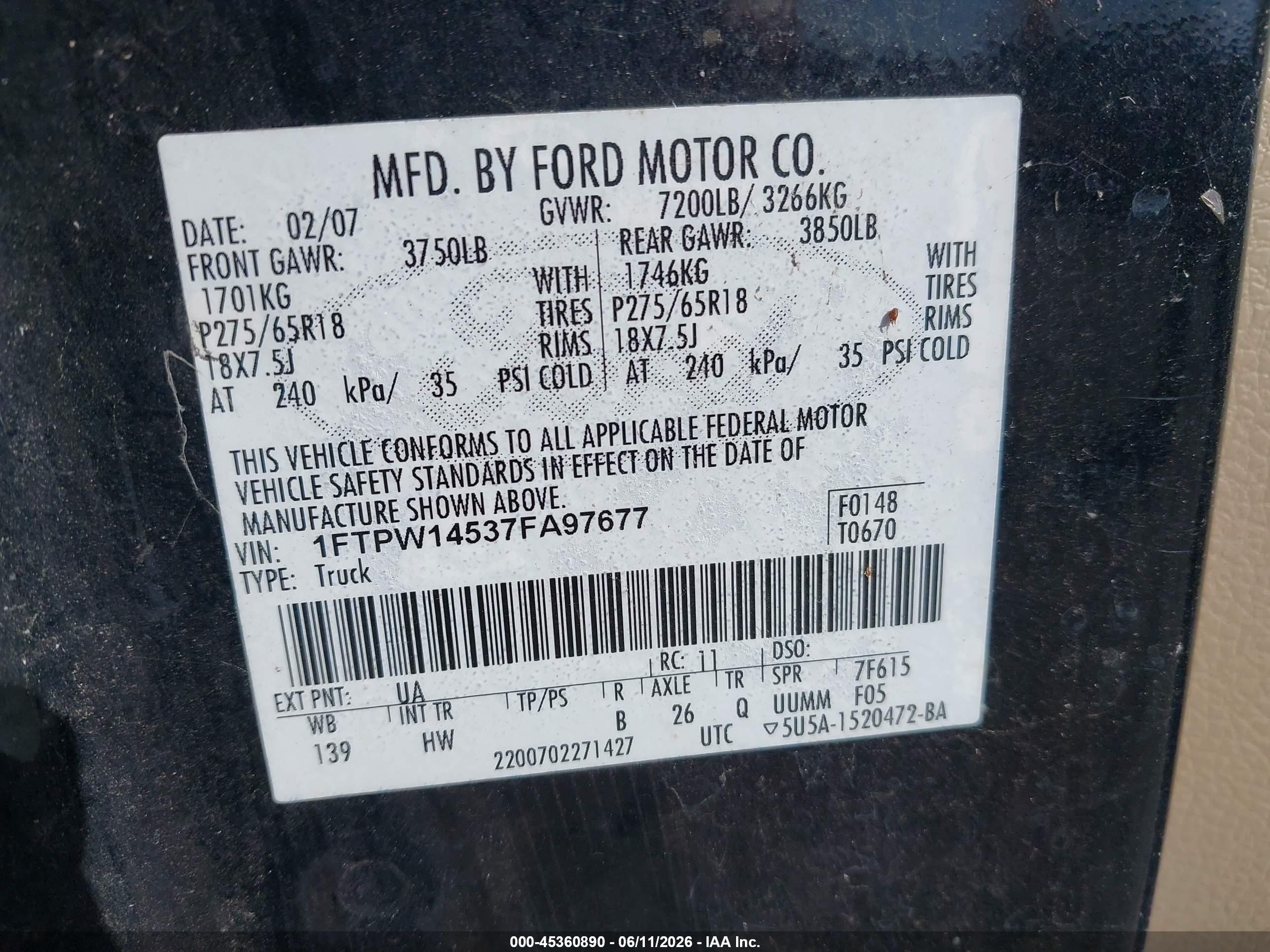 2007 Ford F-150 Fx4/lariat/xlt Black vin: 1FTPW14537FA97677