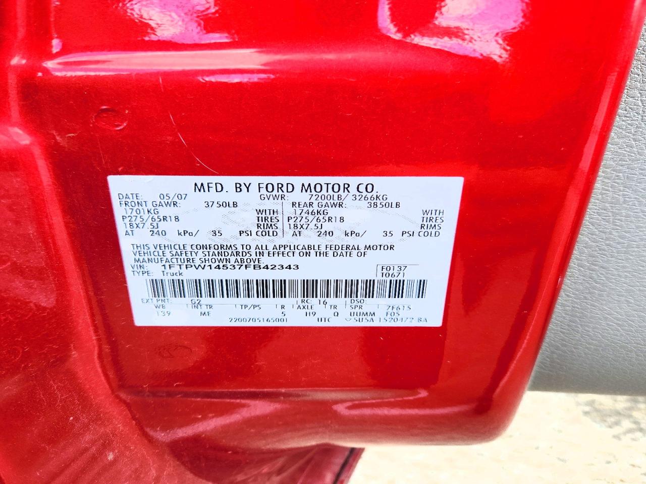 2007 Ford F150 Supercrew Red vin: 1FTPW14537FB42343