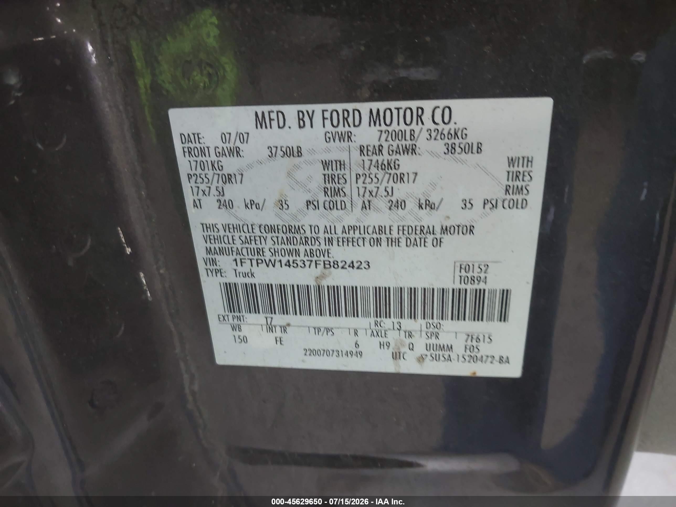 2007 Ford F-150 Fx4/lariat/xlt Brown vin: 1FTPW14537FB82423