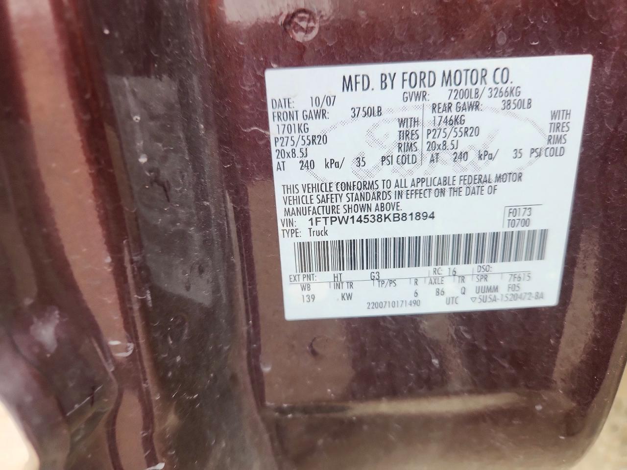 2008 Ford F150 Supercrew Maroon vin: 1FTPW14538KB81894