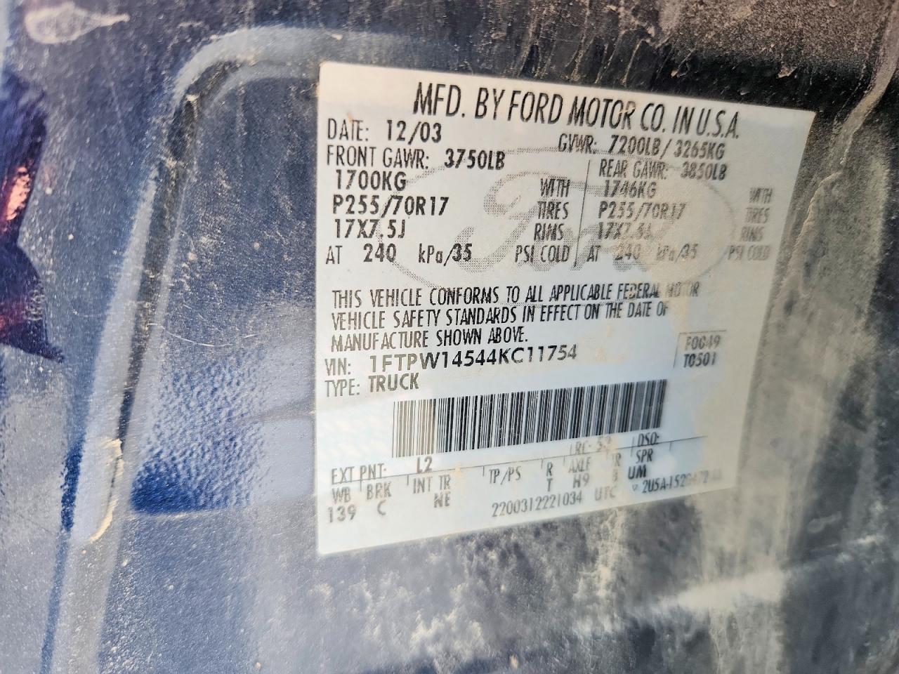 2004 Ford F150 Supercrew Blue vin: 1FTPW14544KC11754