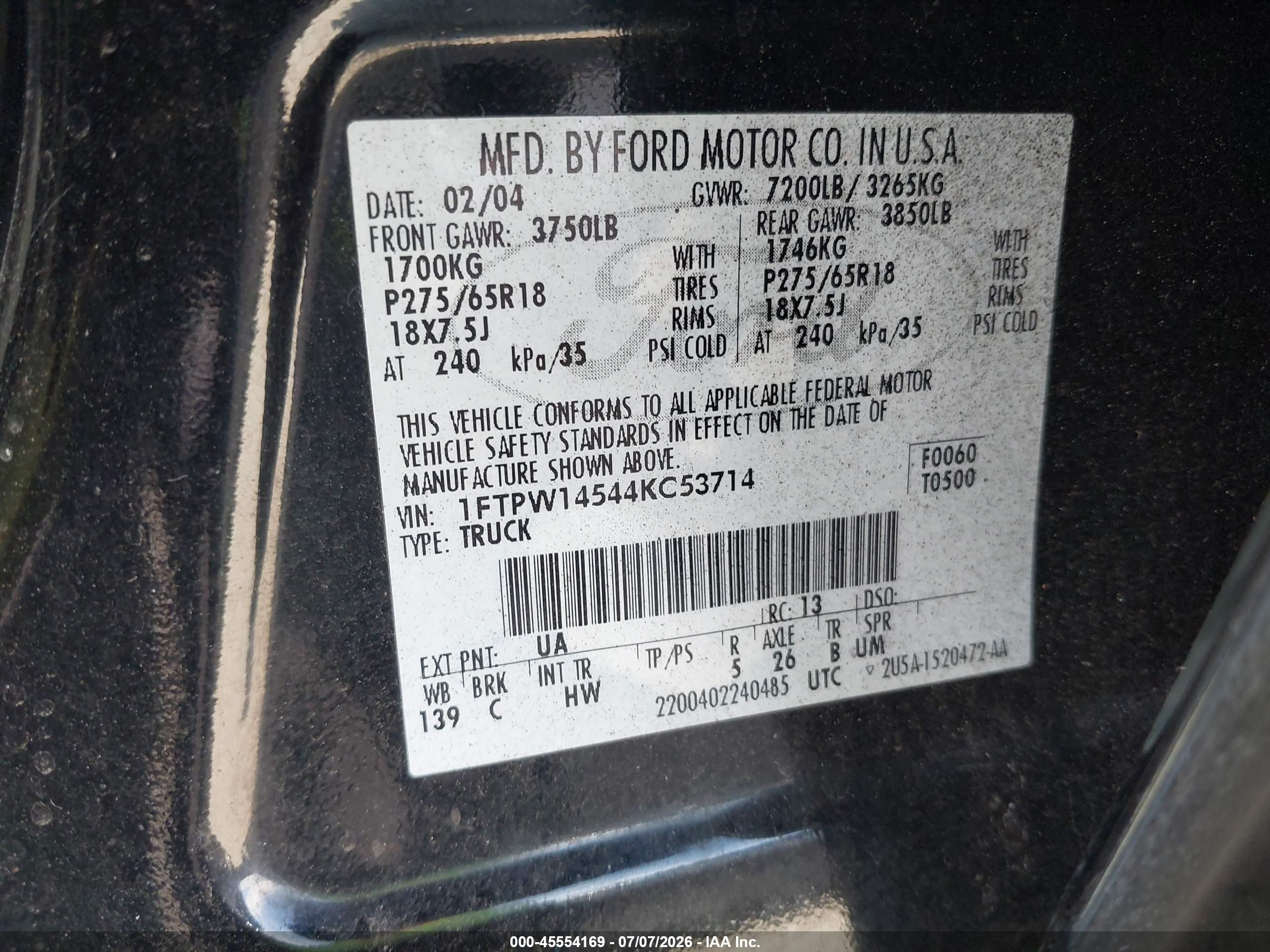 2004 Ford F-150 Fx4/lariat/xlt Black vin: 1FTPW14544KC53714