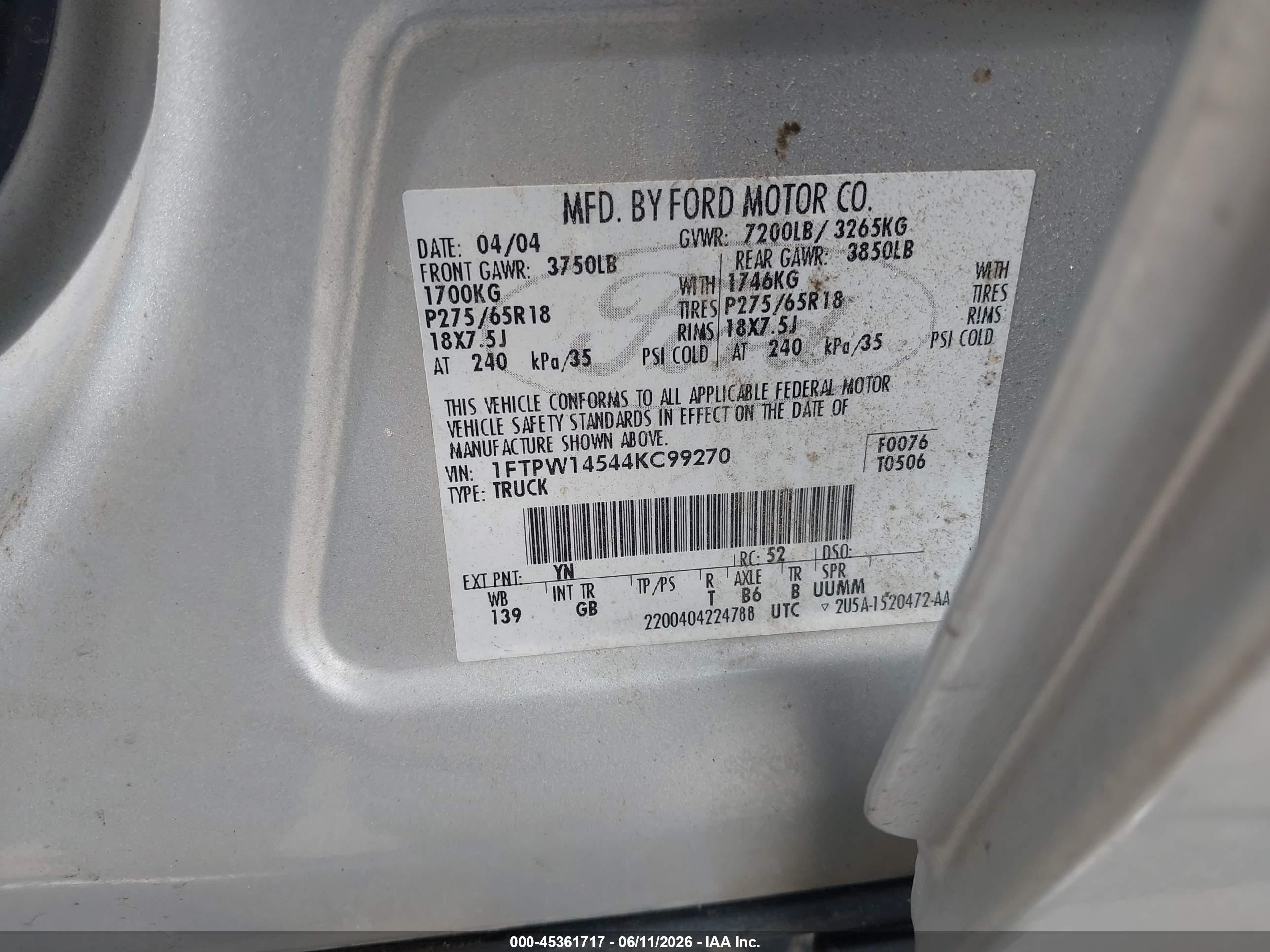 2004 Ford F-150 Fx4/lariat/xlt Gray vin: 1FTPW14544KC99270