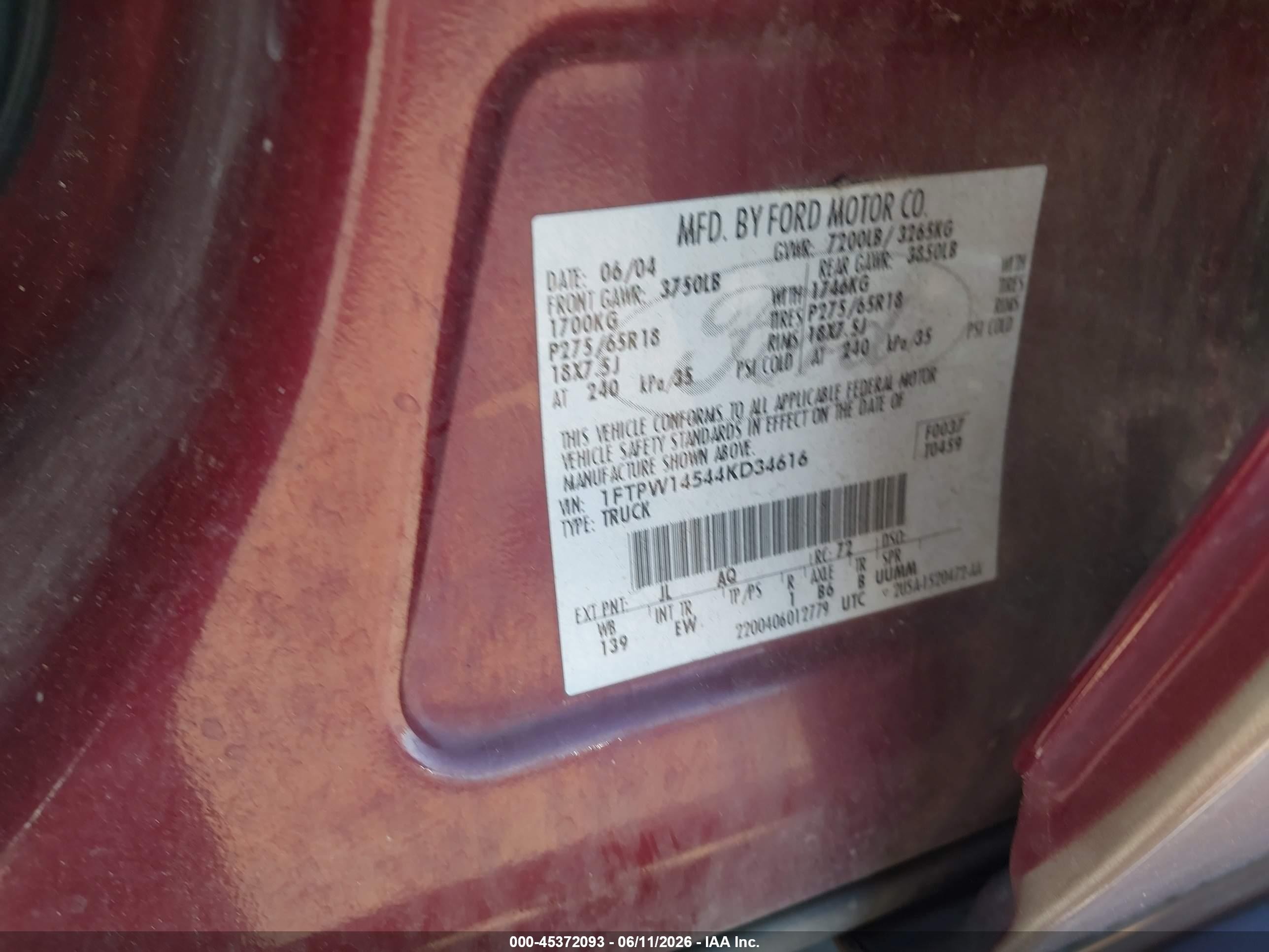 2004 Ford F-150 Fx4/lariat/xlt Burgundy vin: 1FTPW14544KD34616