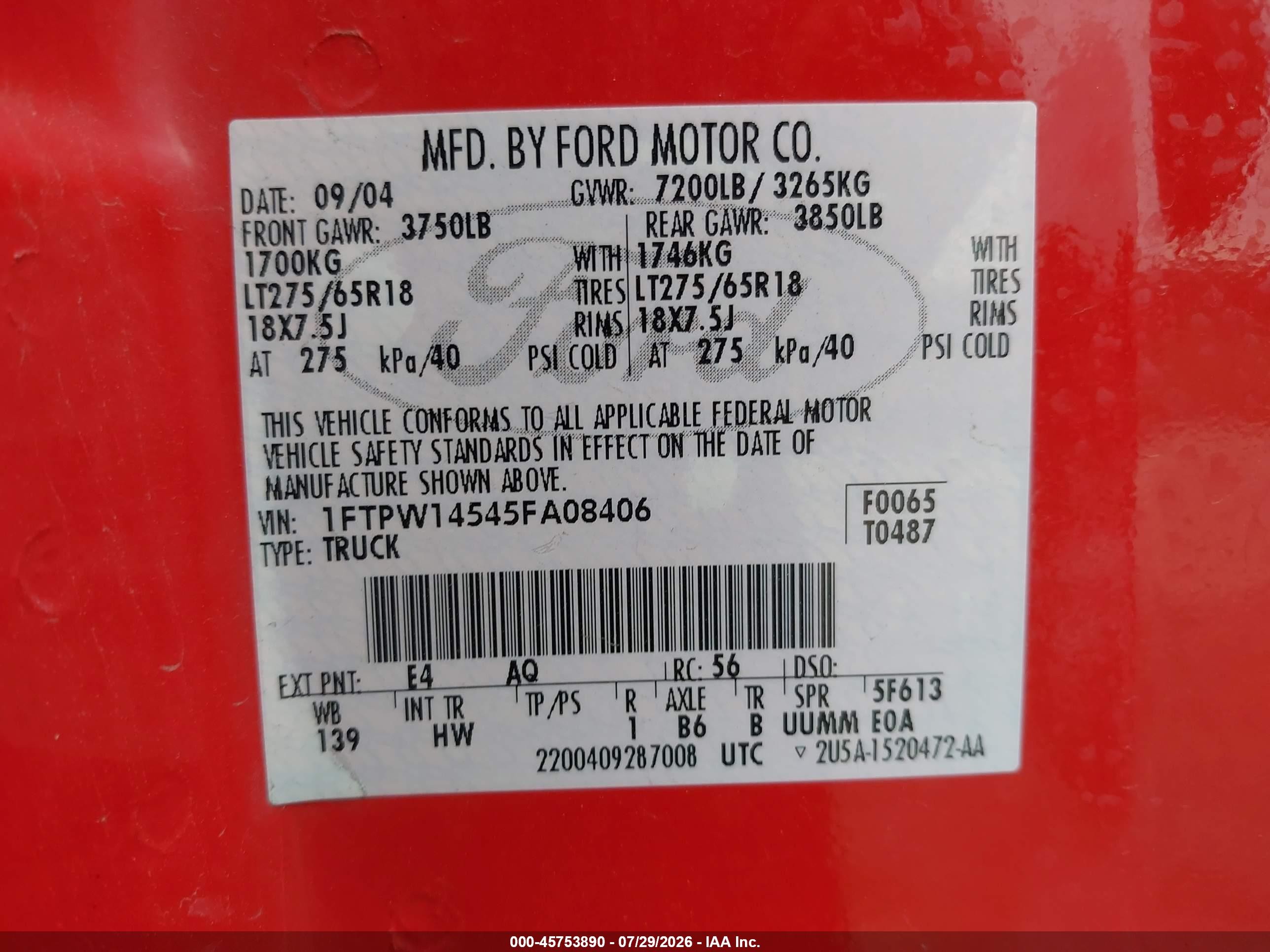 2005 Ford F-150 Fx4/lariat/xlt Red vin: 1FTPW14545FA08406