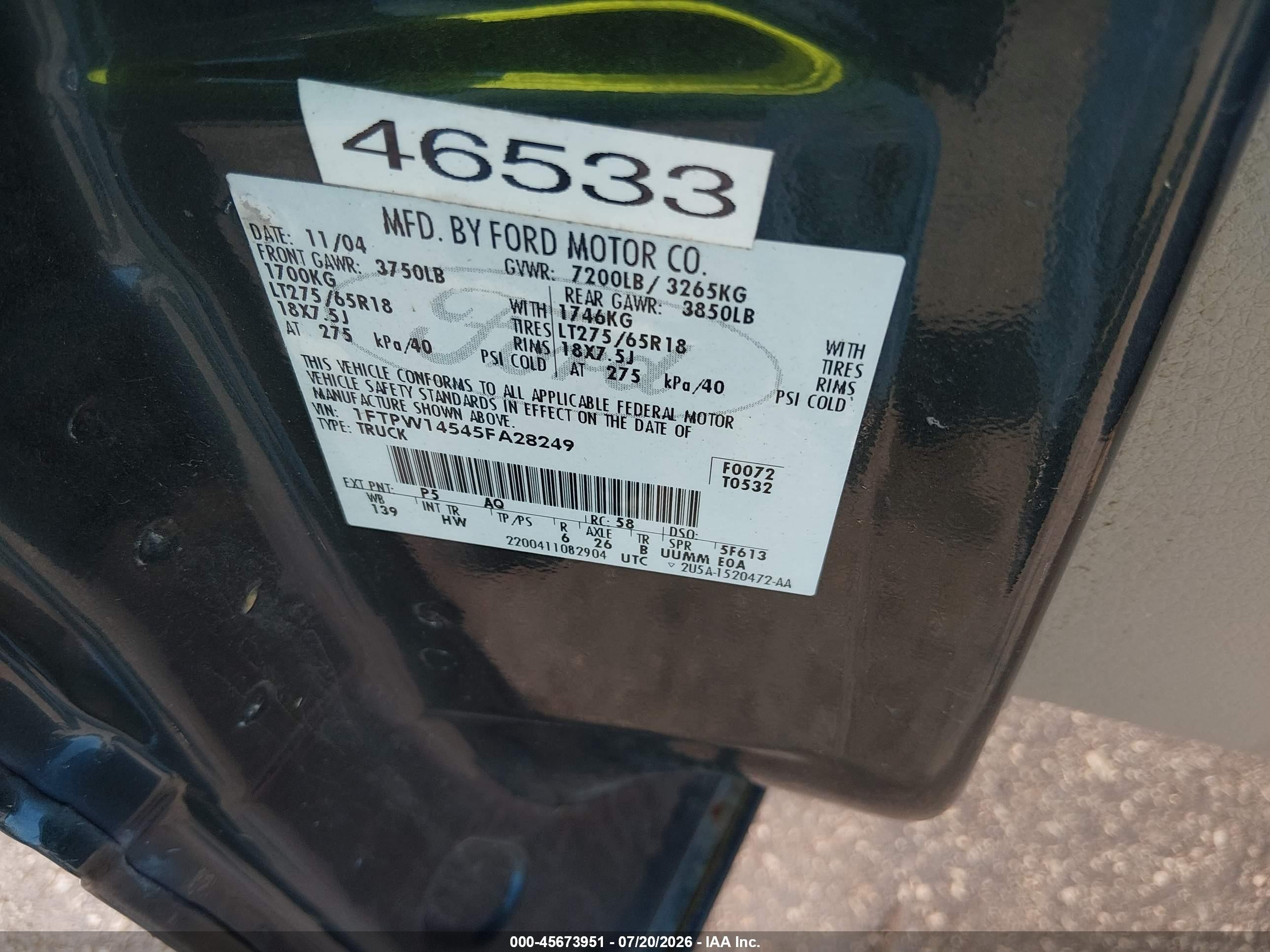 2005 Ford F-150 Fx4/lariat/xlt Green vin: 1FTPW14545FA28249