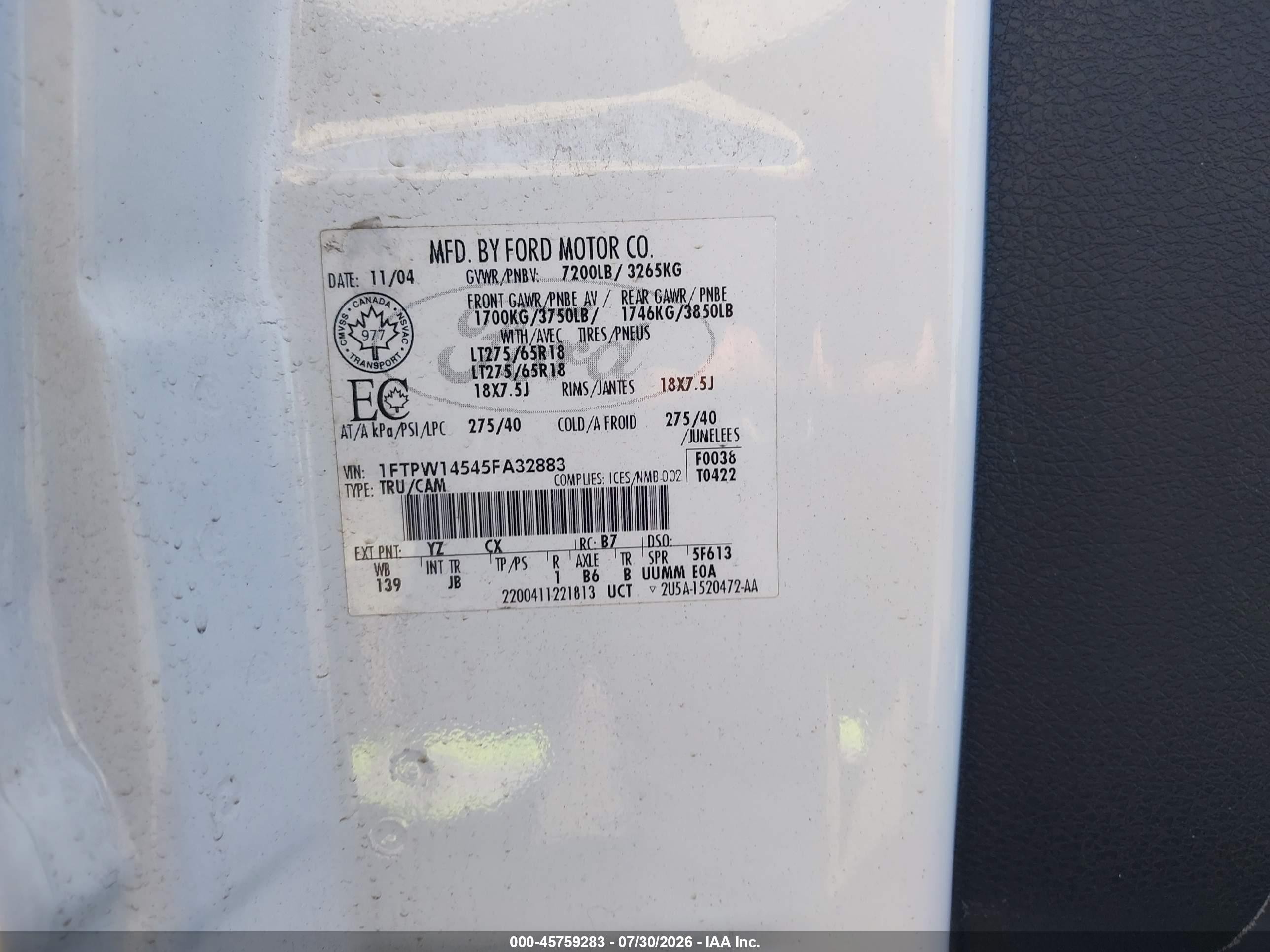 2005 Ford F-150 Fx4/lariat/xlt White vin: 1FTPW14545FA32883