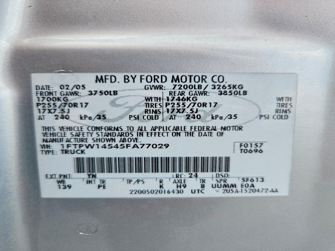 2005 Ford F150 Supercrew Silver vin: 1FTPW14545FA77029