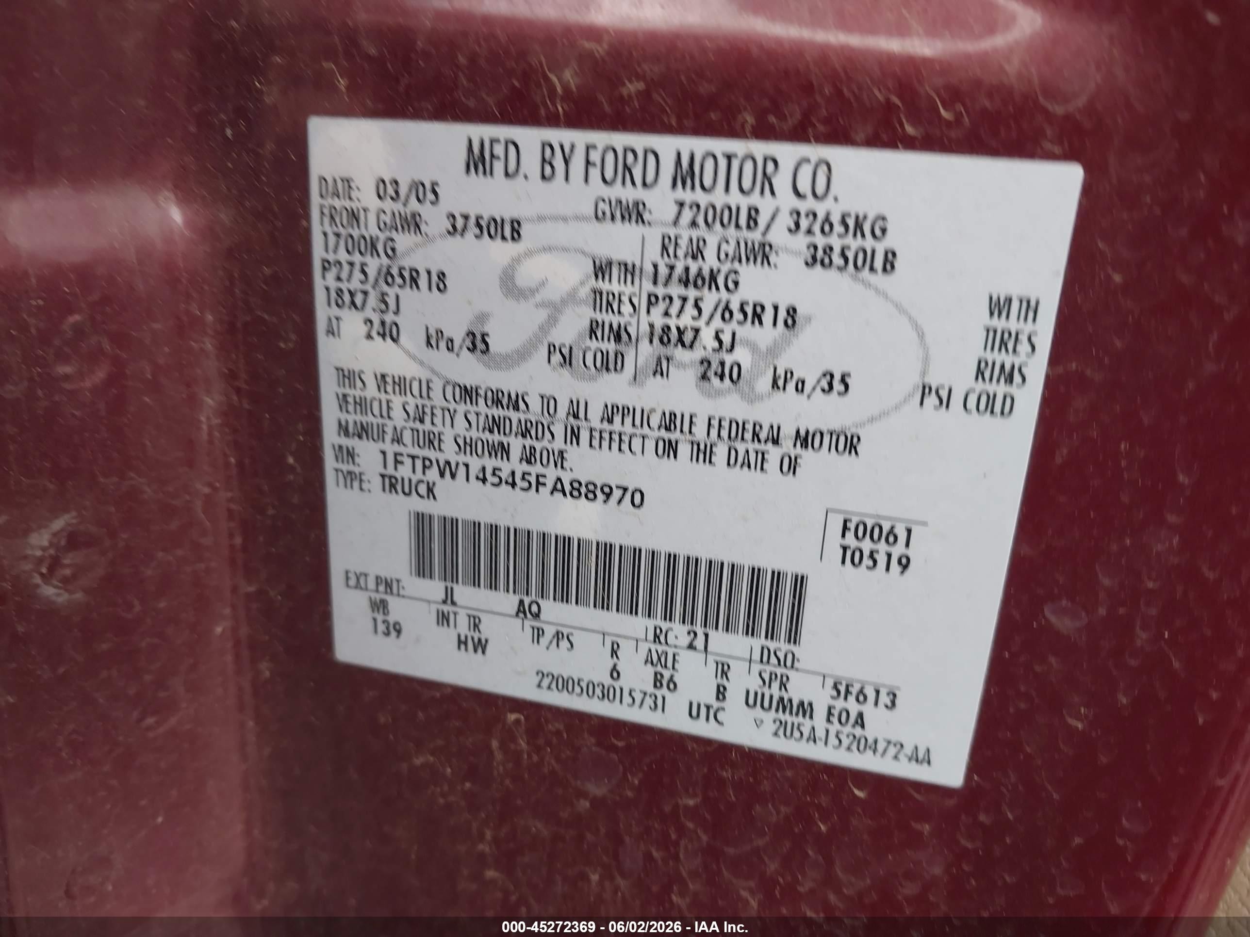 2005 Ford F-150 Fx4/lariat/xlt Maroon vin: 1FTPW14545FA88970