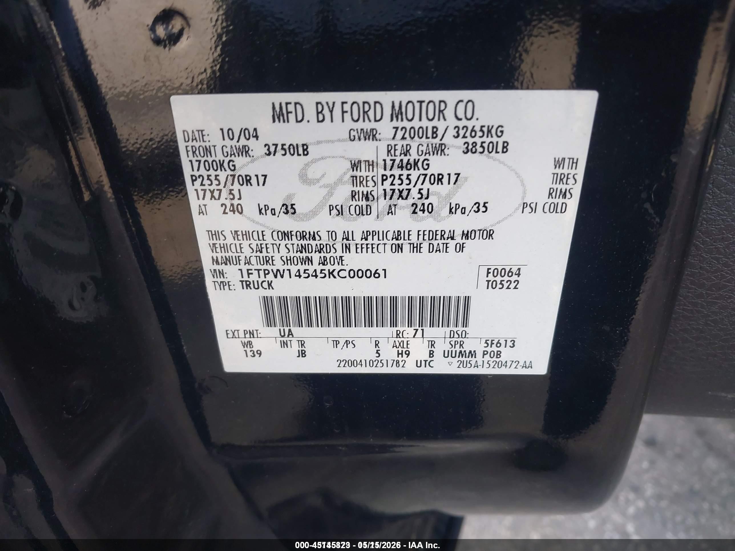 2005 Ford F-150 Fx4/lariat/xlt Black vin: 1FTPW14545KC00061