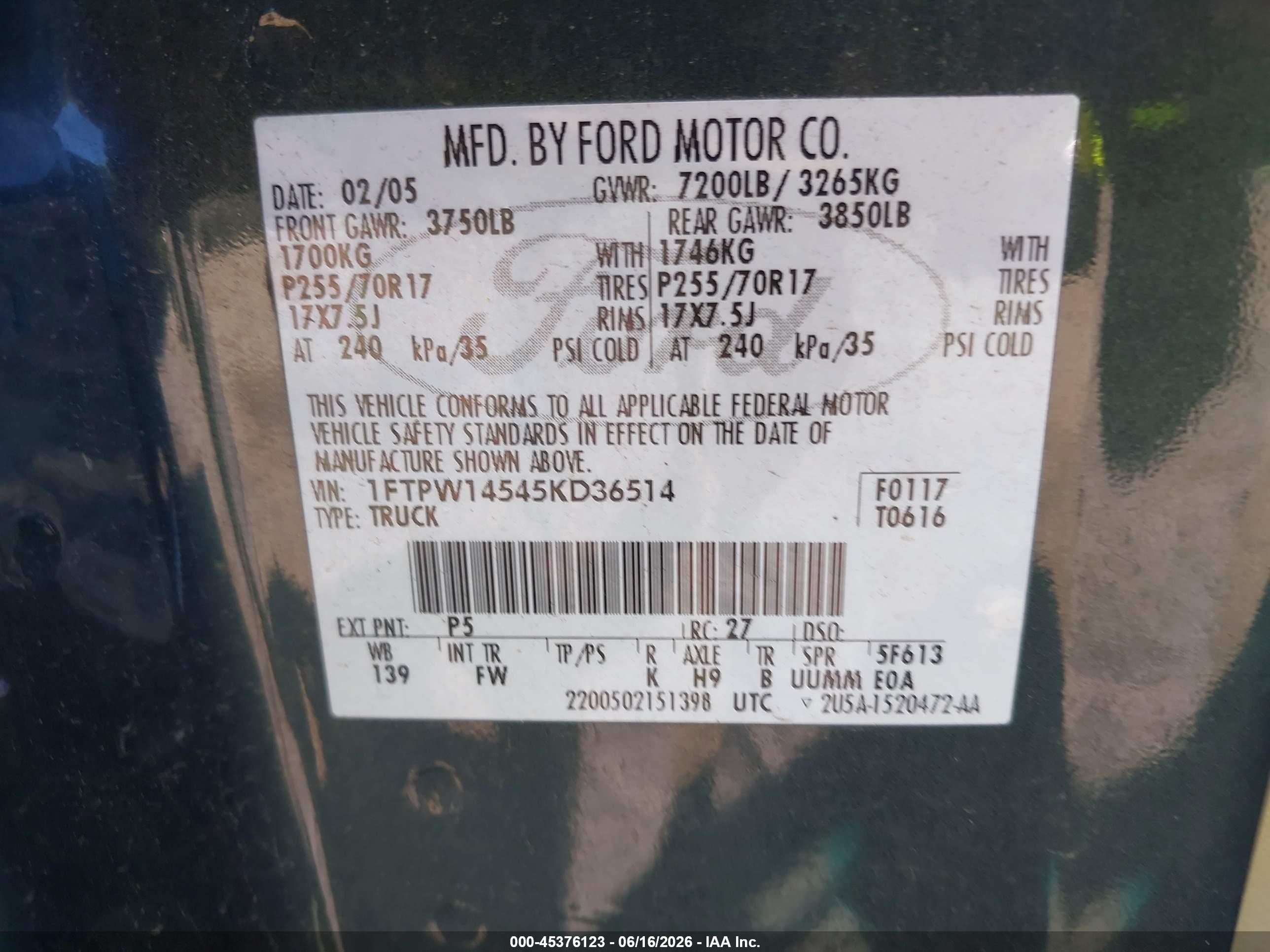 2005 Ford F-150 Fx4/lariat/xlt Gray vin: 1FTPW14545KD36514