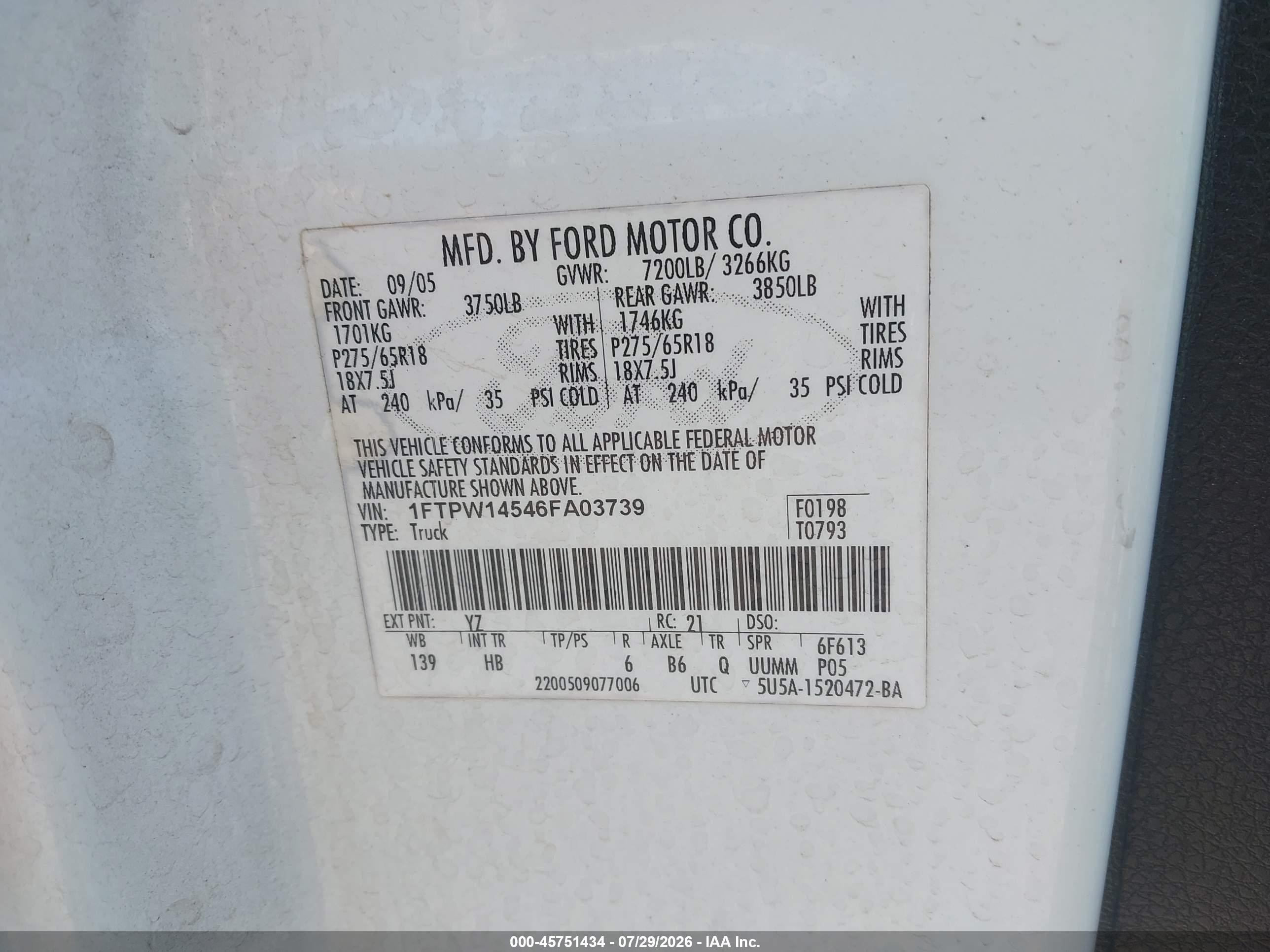 2006 Ford F-150 Fx4/lariat/xlt White vin: 1FTPW14546FA03739