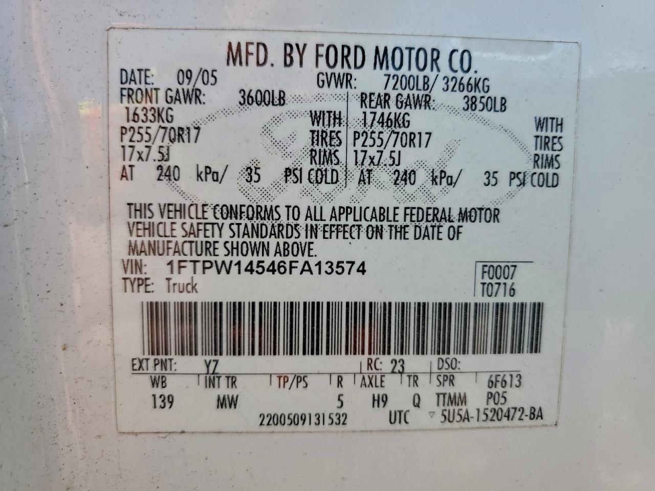 2006 Ford F150 White vin: 1FTPW14546FA13574
