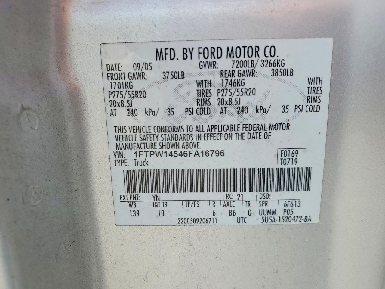 2006 Ford F150 Supercrew Silver vin: 1FTPW14546FA16796