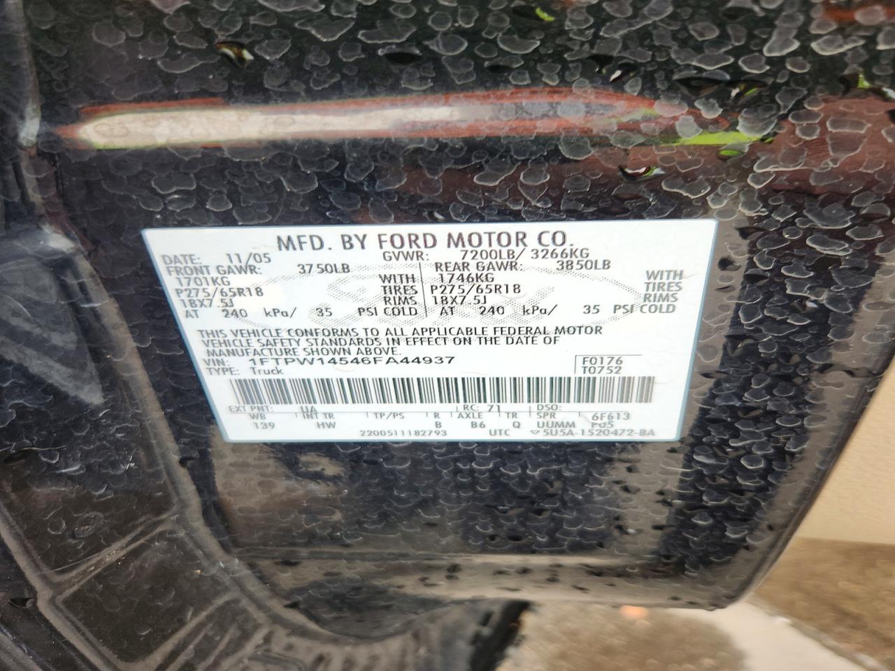 2006 Ford F150 Supercrew Black vin: 1FTPW14546FA44937