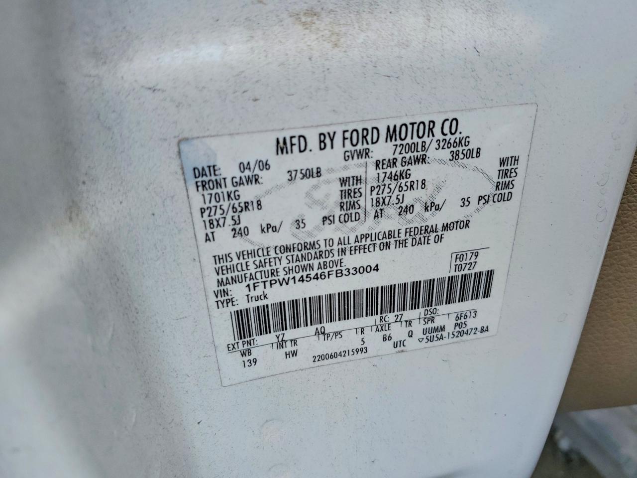 2006 Ford F150 Supercrew White vin: 1FTPW14546FB33004