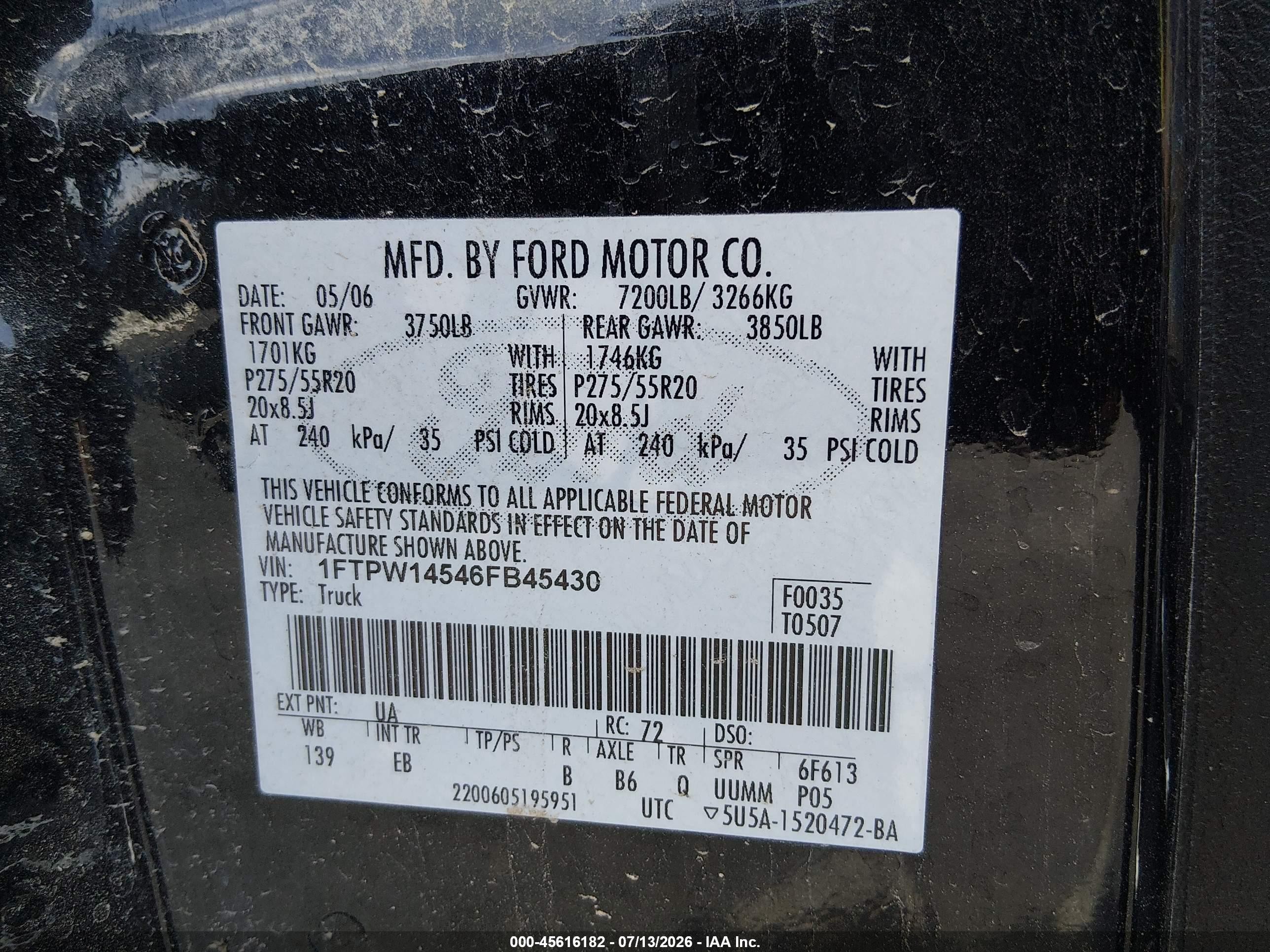 2006 Ford F-150 Fx4/lariat/xlt Black vin: 1FTPW14546FB45430