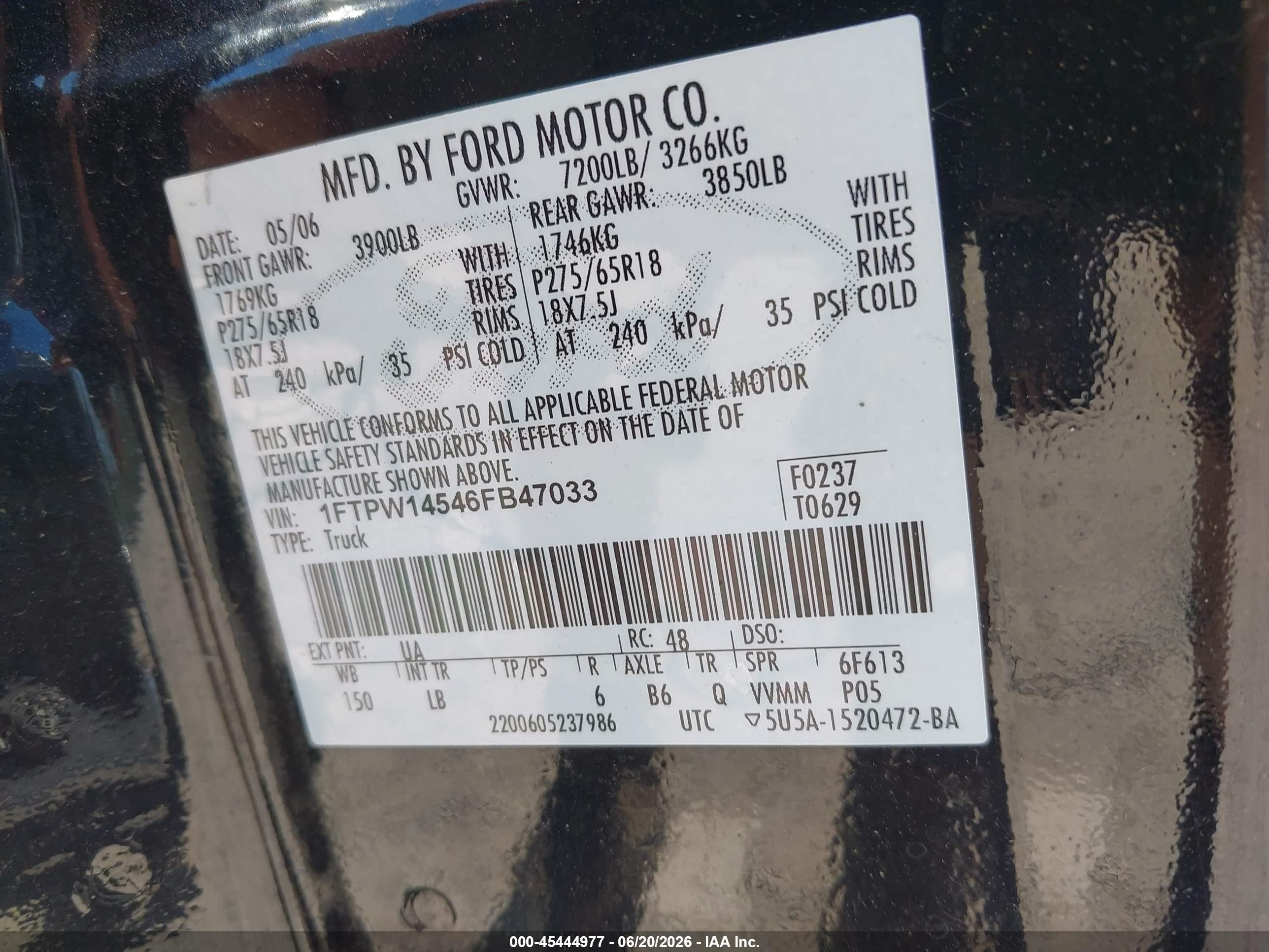2006 Ford F-150 Fx4/lariat/xlt Black vin: 1FTPW14546FB47033
