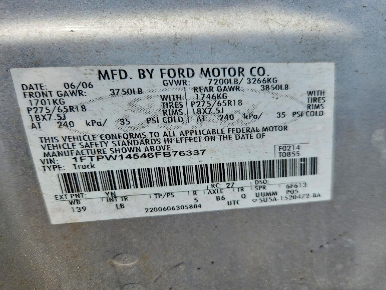 2006 Ford F150 Supercrew Silver vin: 1FTPW14546FB76337