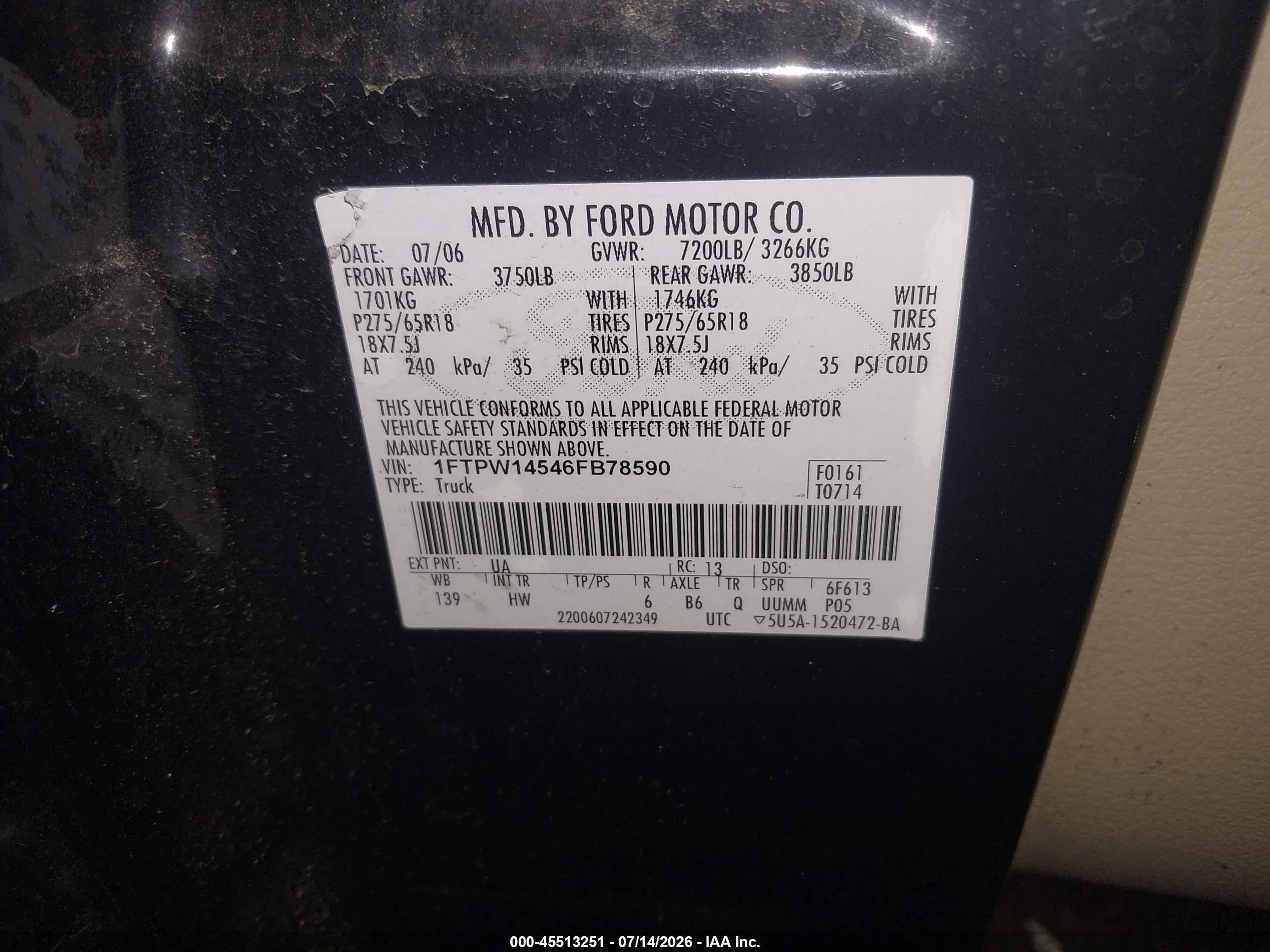 2006 Ford F-150 Fx4/lariat/xlt Black vin: 1FTPW14546FB78590