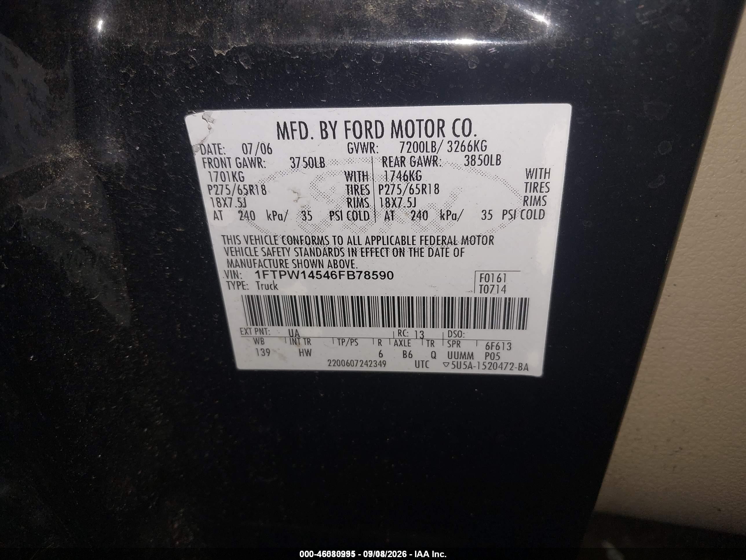 2006 Ford F-150 Fx4/lariat/xlt Black vin: 1FTPW14546FB78590