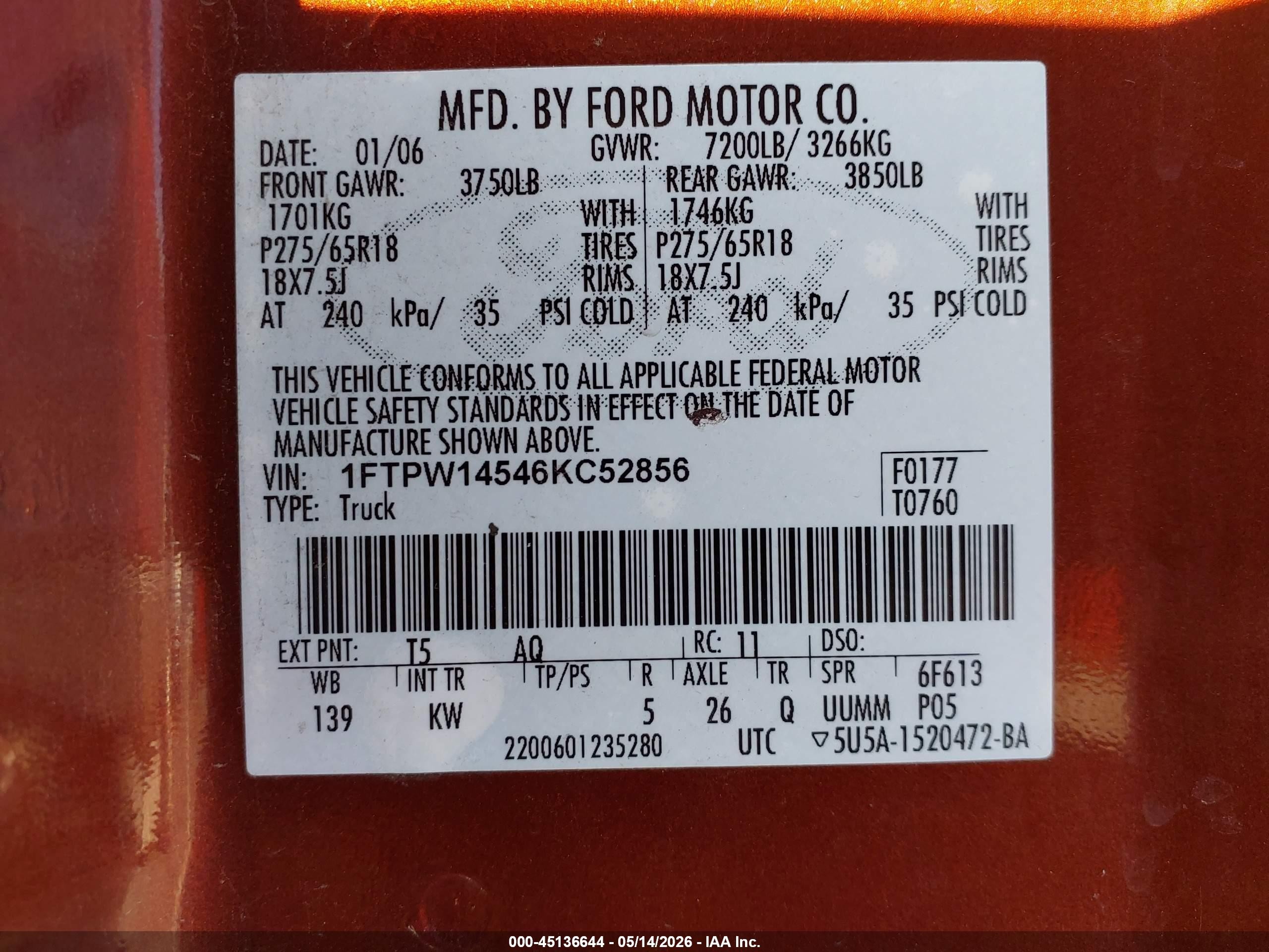 2006 Ford F-150 Fx4/lariat/xlt Brown vin: 1FTPW14546KC52856