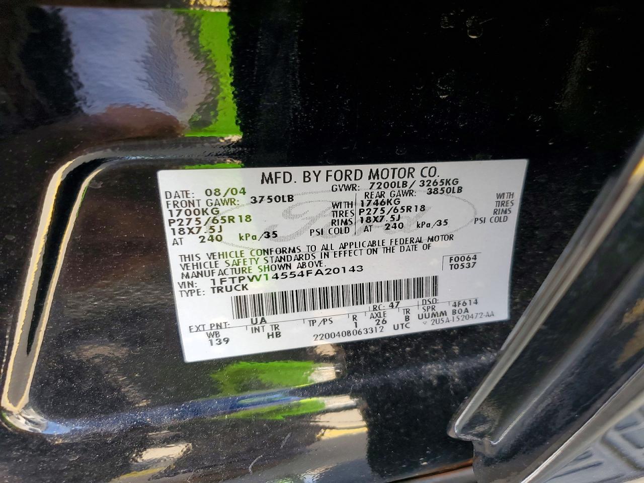 2004 Ford F150 Supercrew Black vin: 1FTPW14554FA20143