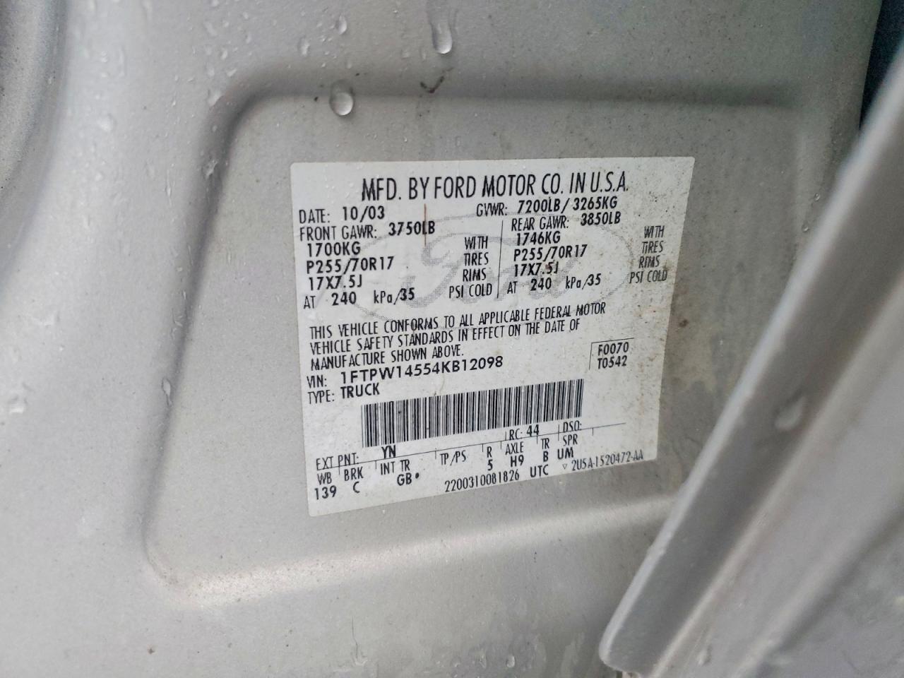 2004 Ford F150 Supercrew White vin: 1FTPW14554KB12098