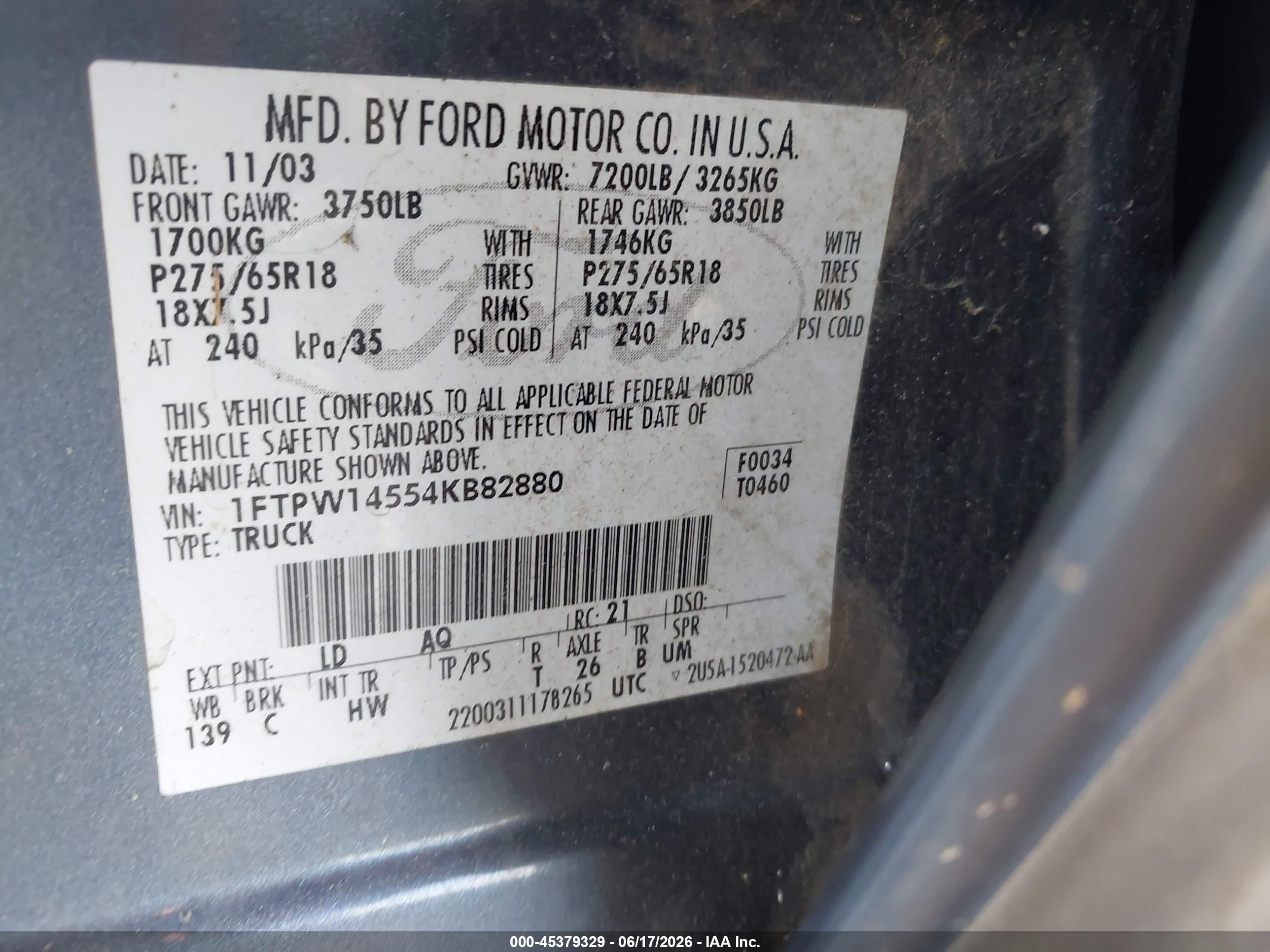 2004 Ford F-150 Fx4/lariat/xlt Blue vin: 1FTPW14554KB82880