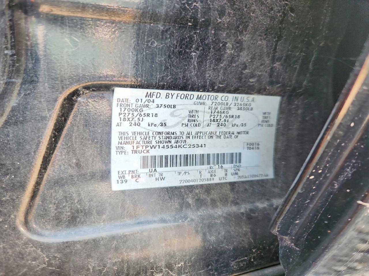 2004 Ford F150 Supercrew Black vin: 1FTPW14554KC25341