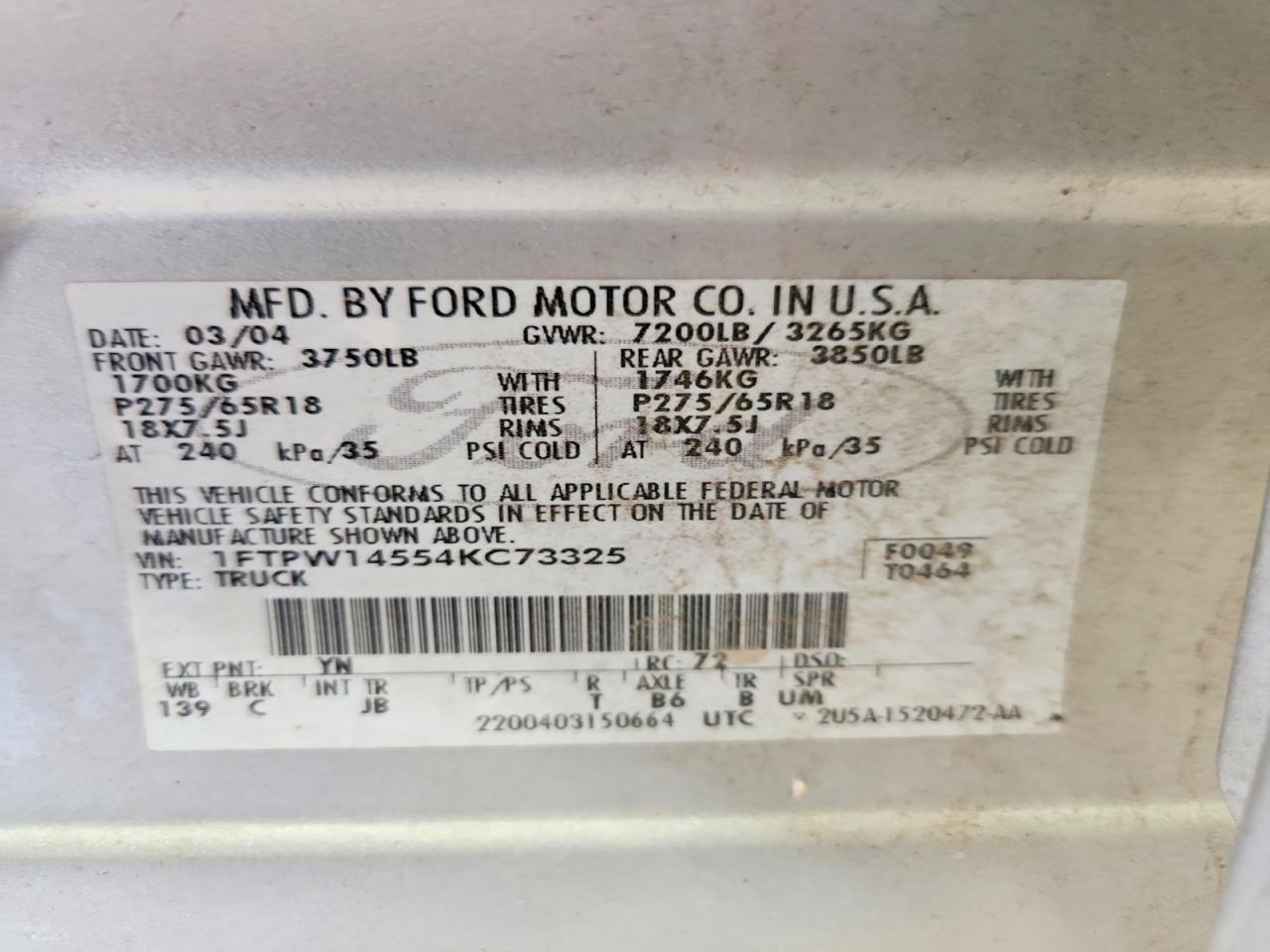 2004 Ford F150 Supercrew Silver vin: 1FTPW14554KC73325
