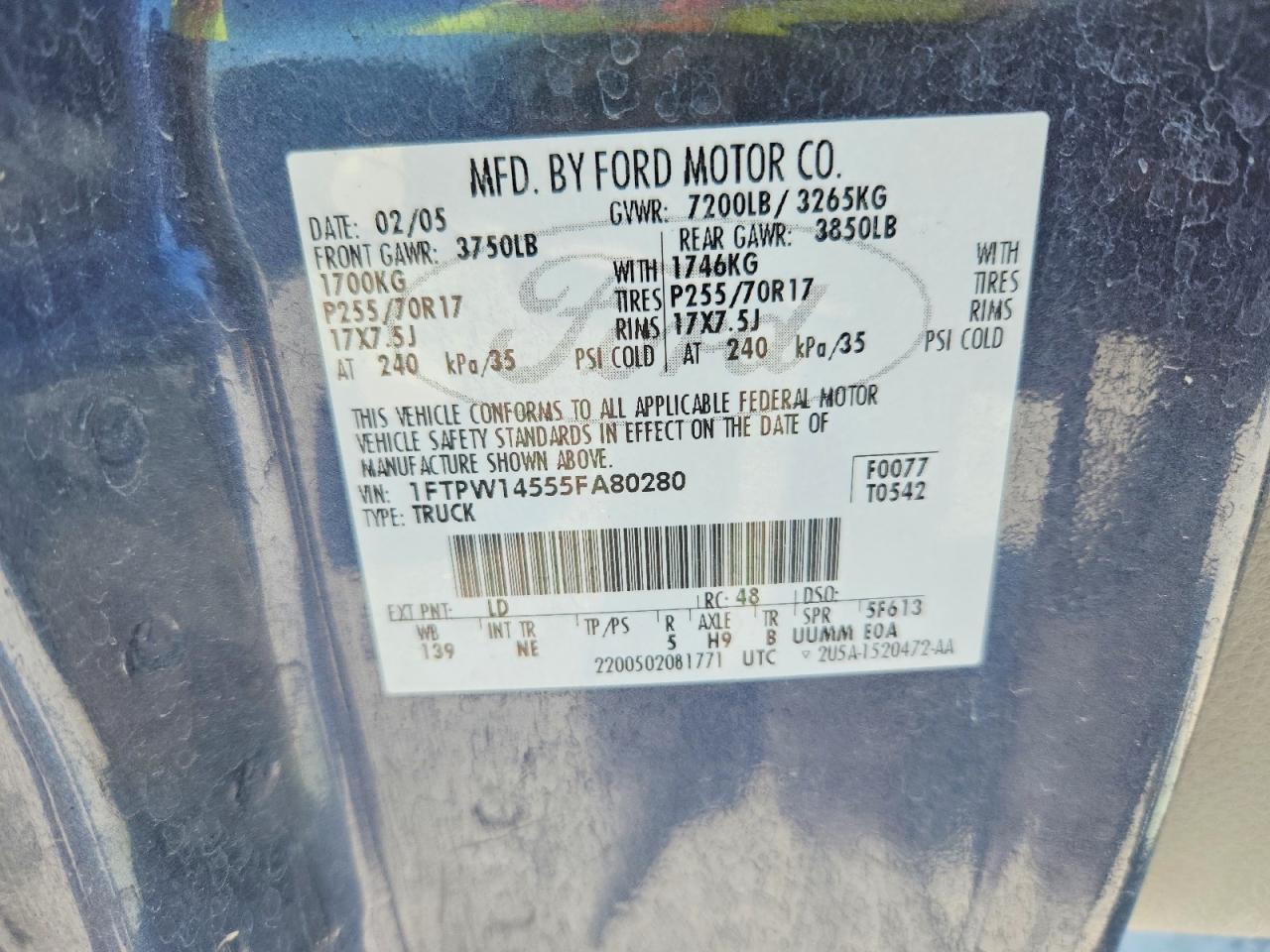 2005 Ford F150 Supercrew Blue vin: 1FTPW14555FA80280