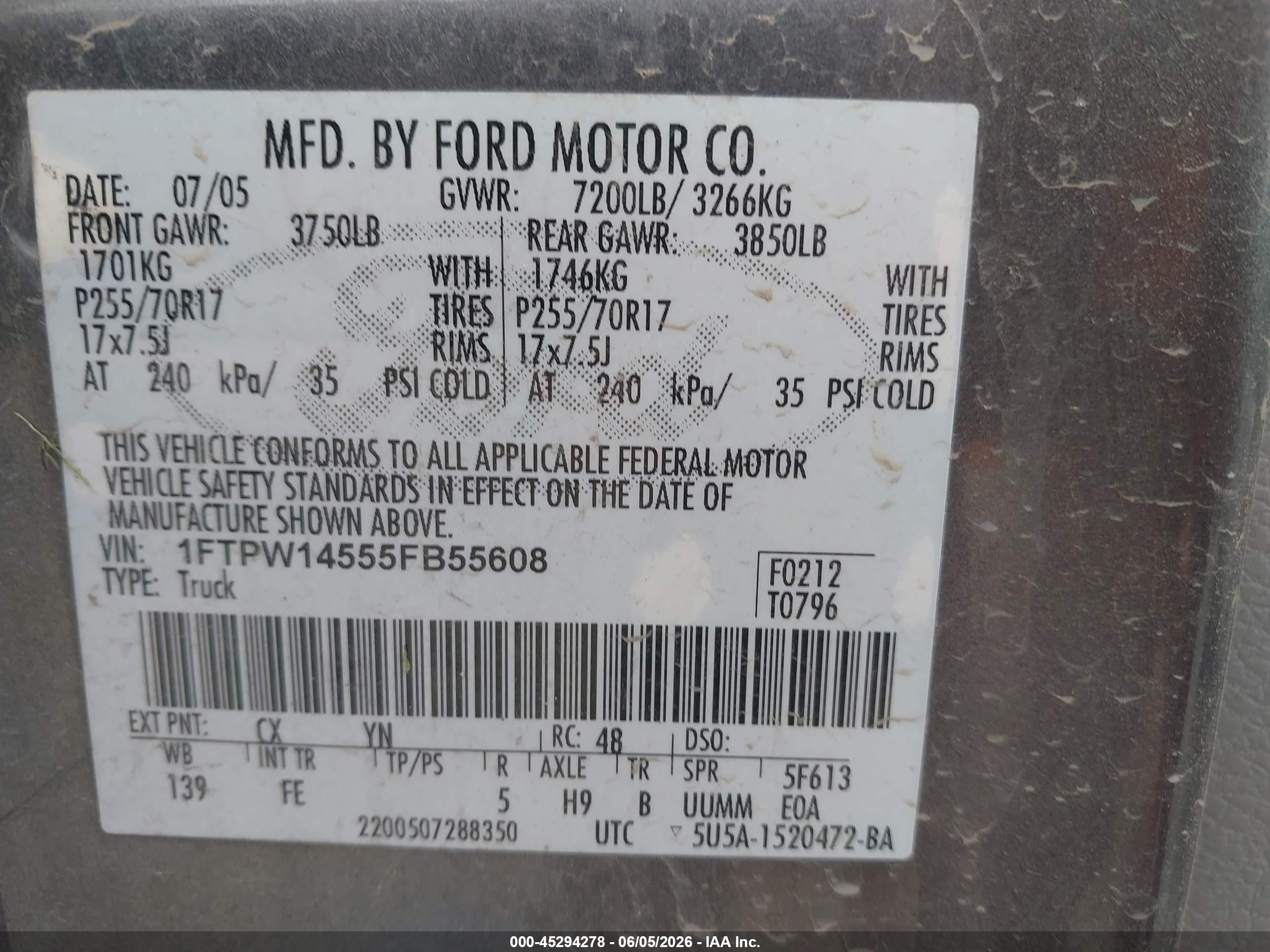 2005 Ford F-150 Fx4/lariat/xlt Gray vin: 1FTPW14555FB55608