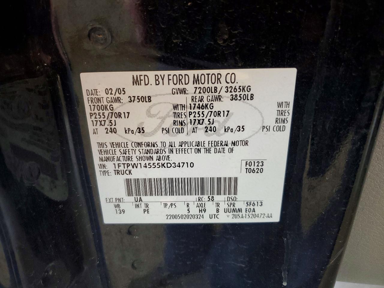 2005 Ford F150 Supercrew Black vin: 1FTPW14555KD34710