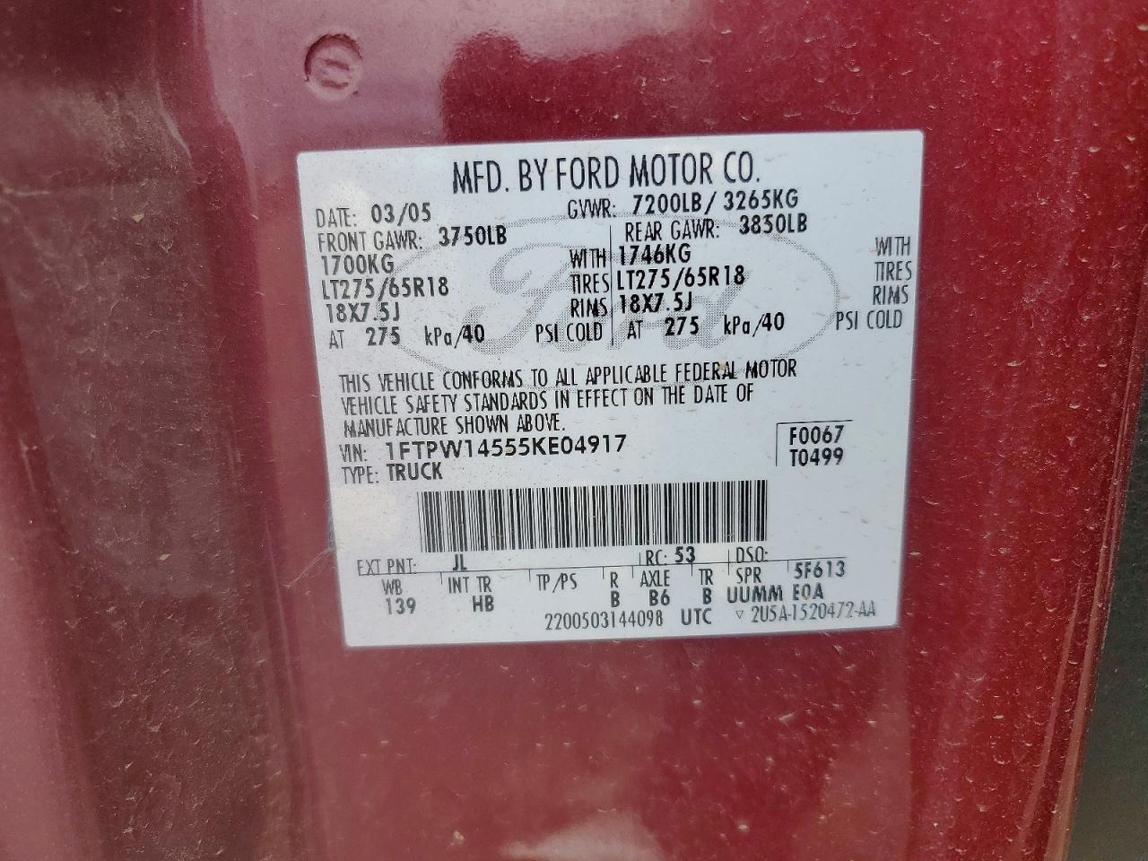 2005 Ford F150 Supercrew Maroon vin: 1FTPW14555KE04917