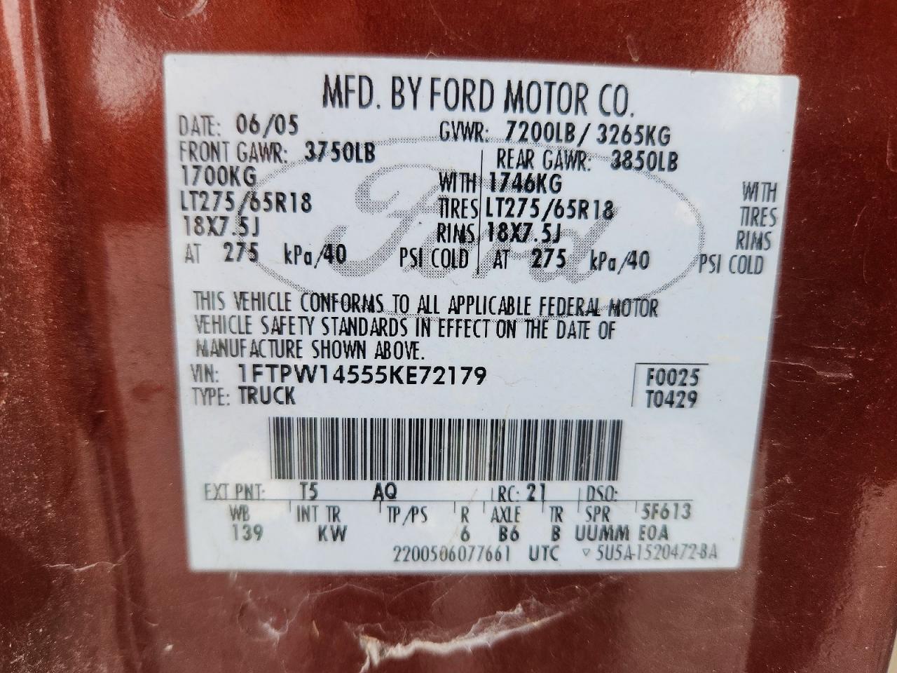 2005 Ford F150 Supercrew Brown vin: 1FTPW14555KE72179