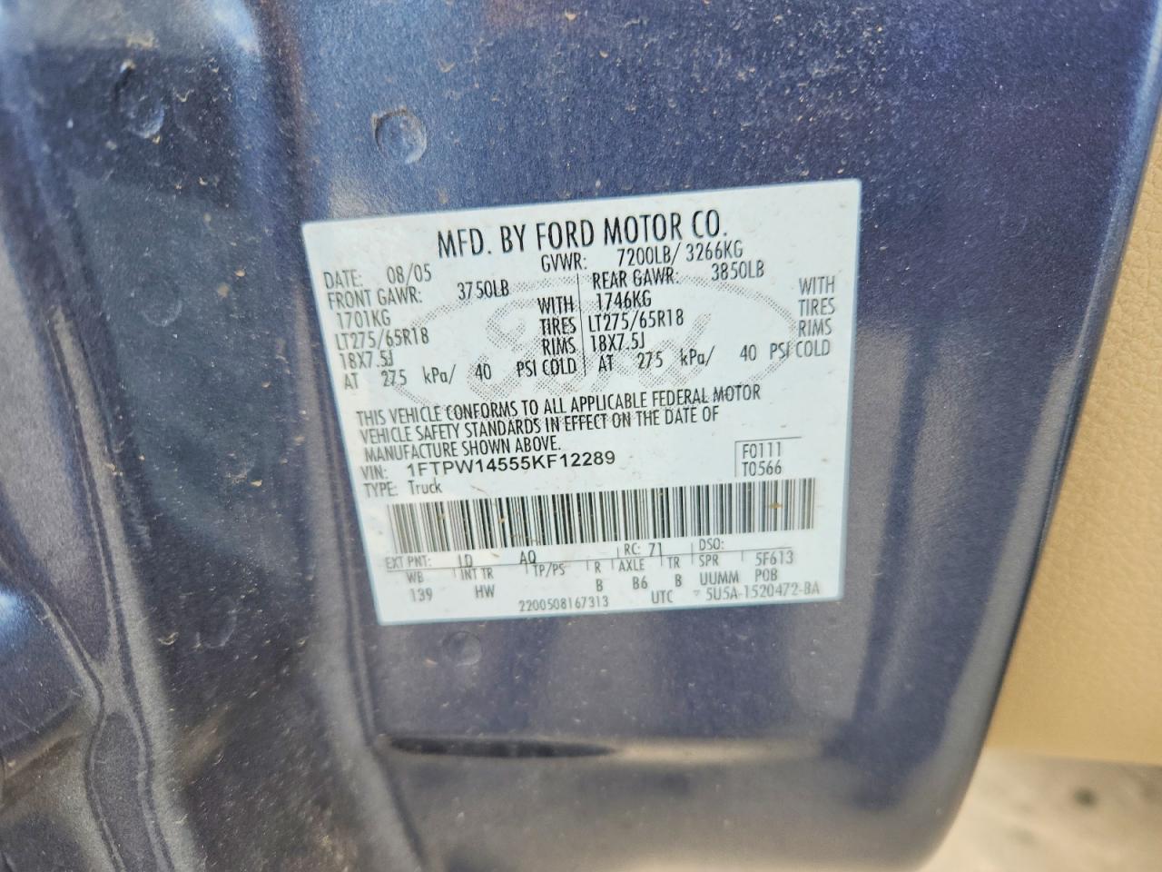 2005 Ford F150 Supercrew Blue vin: 1FTPW14555KF12289