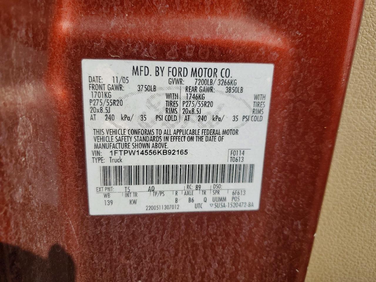2006 Ford F150 Supercrew Orange vin: 1FTPW14556KB92165