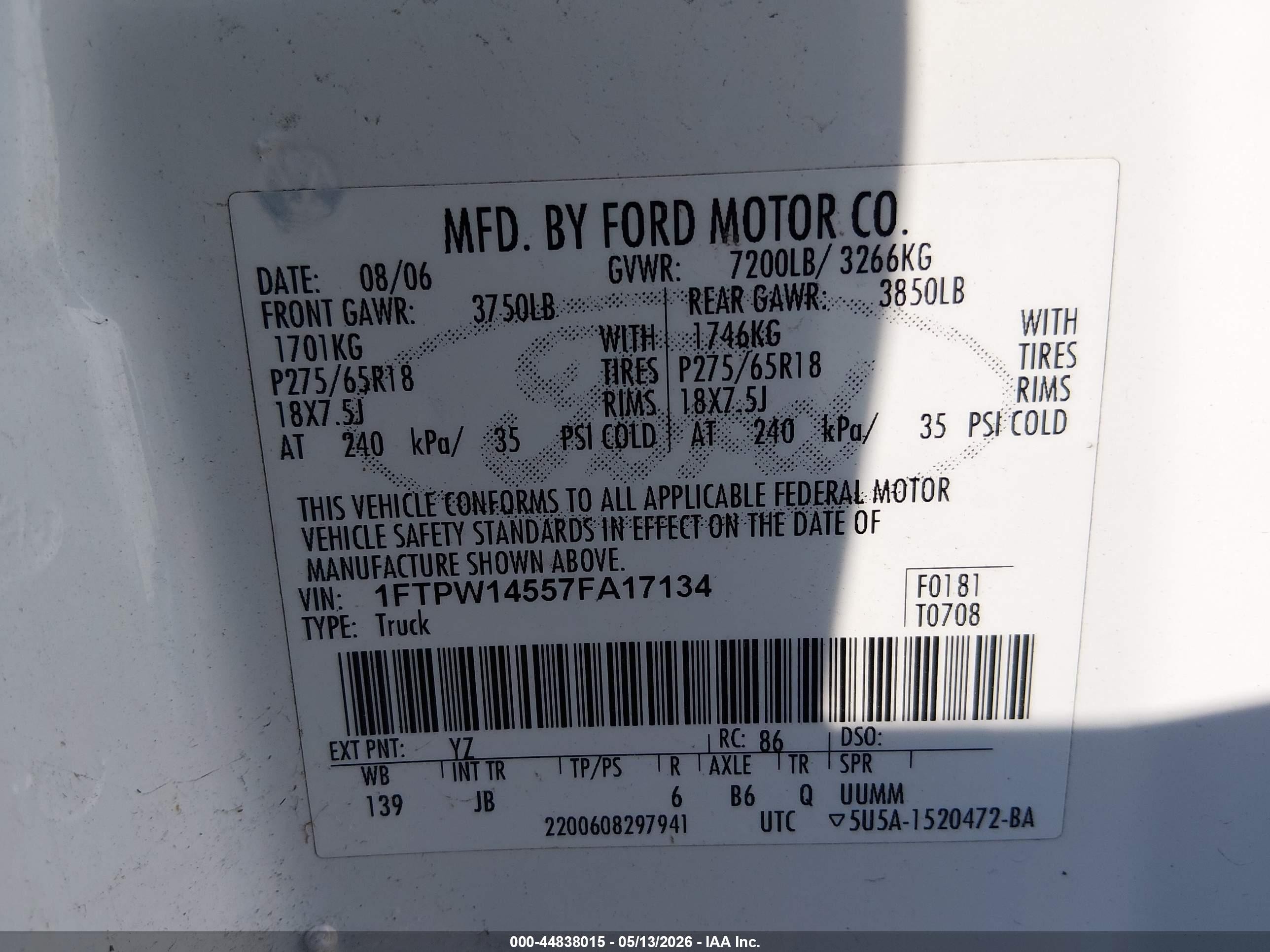 2007 Ford F-150 Fx4/lariat/xlt White vin: 1FTPW14557FA17134
