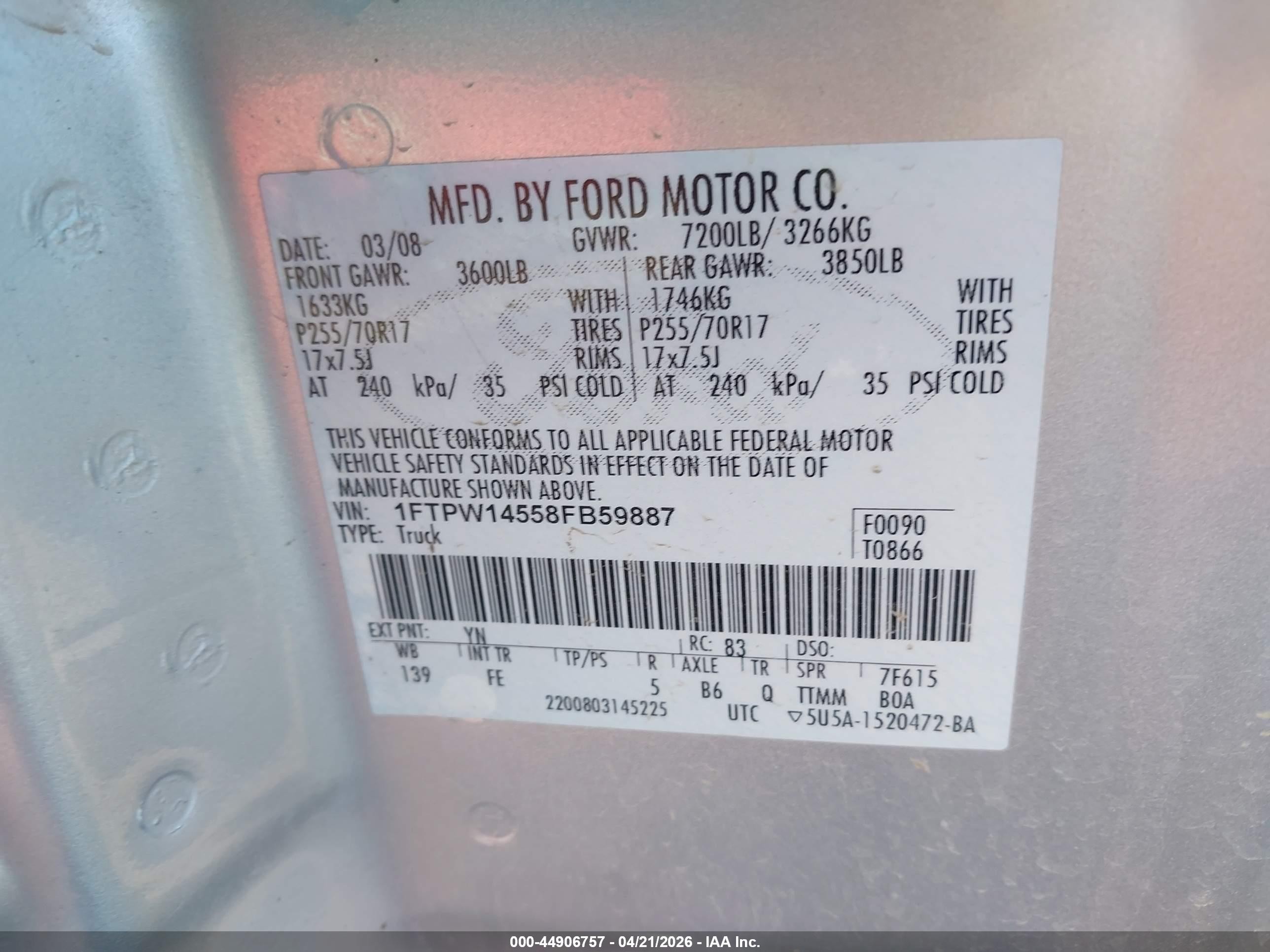 2008 Ford F-150 60th Anniversary/fx4/king Ranch/lariat/limited/xlt Gray vin: 1FTPW14558FB59887