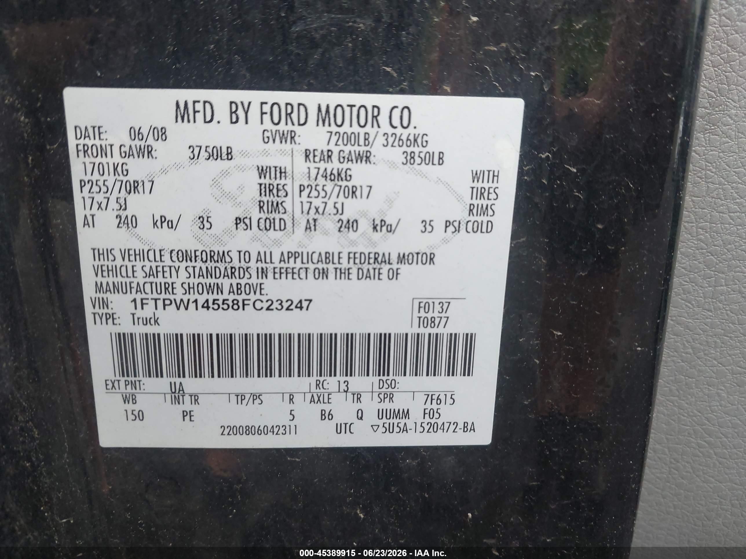 2008 Ford F150 Supercrew Black vin: 1FTPW14558FC23247