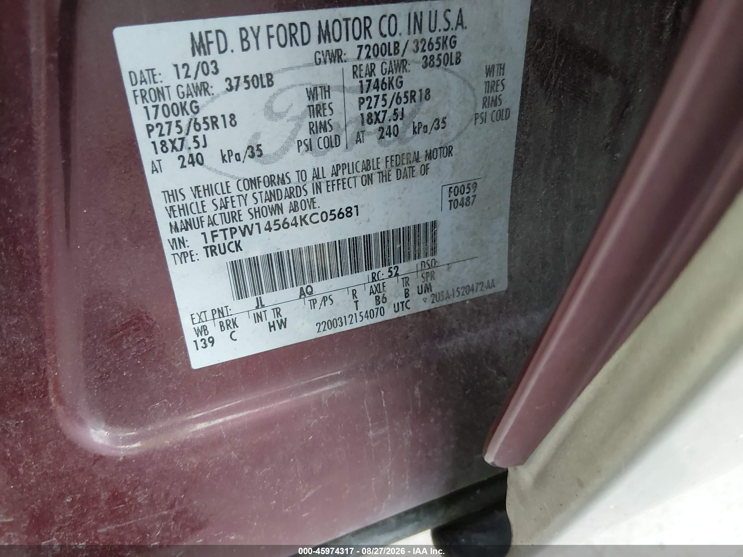 2004 Ford F-150 Fx4/lariat/xlt Burgundy vin: 1FTPW14564KC05681