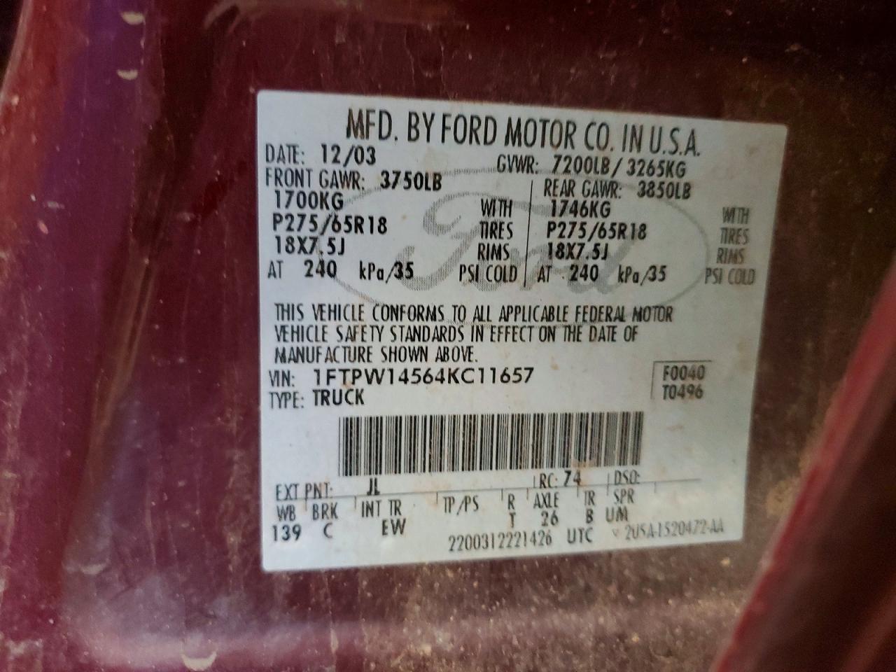 2004 Ford F150 Supercrew Red vin: 1FTPW14564KC11657