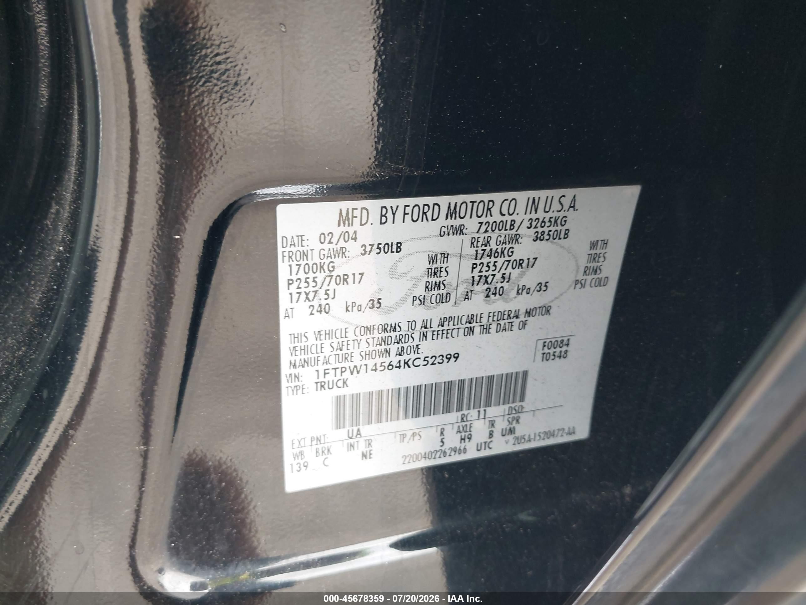 2004 Ford F-150 Fx4/lariat/xlt Black vin: 1FTPW14564KC52399