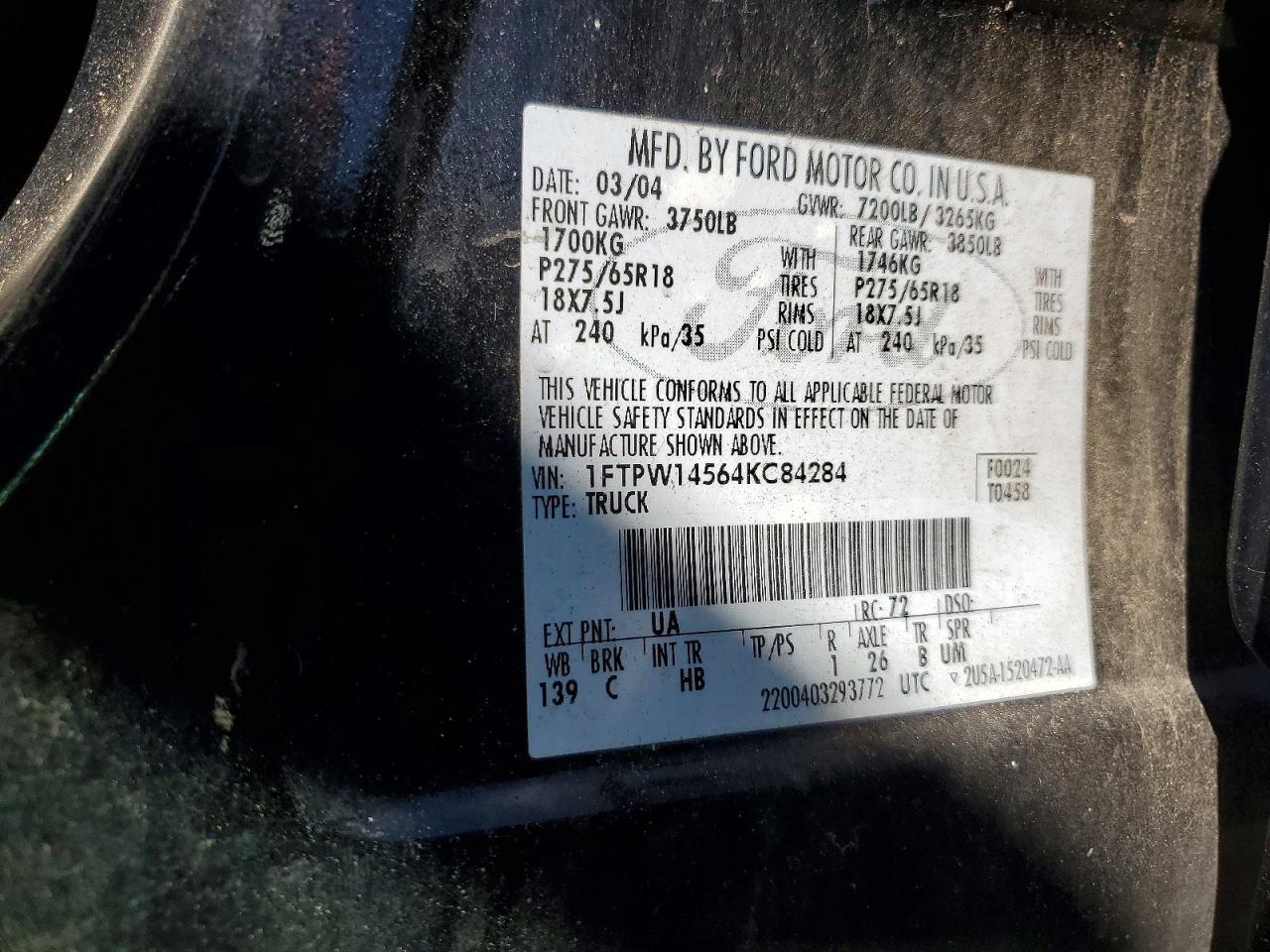 2004 Ford F150 Supercrew Черный vin: 1FTPW14564KC84284